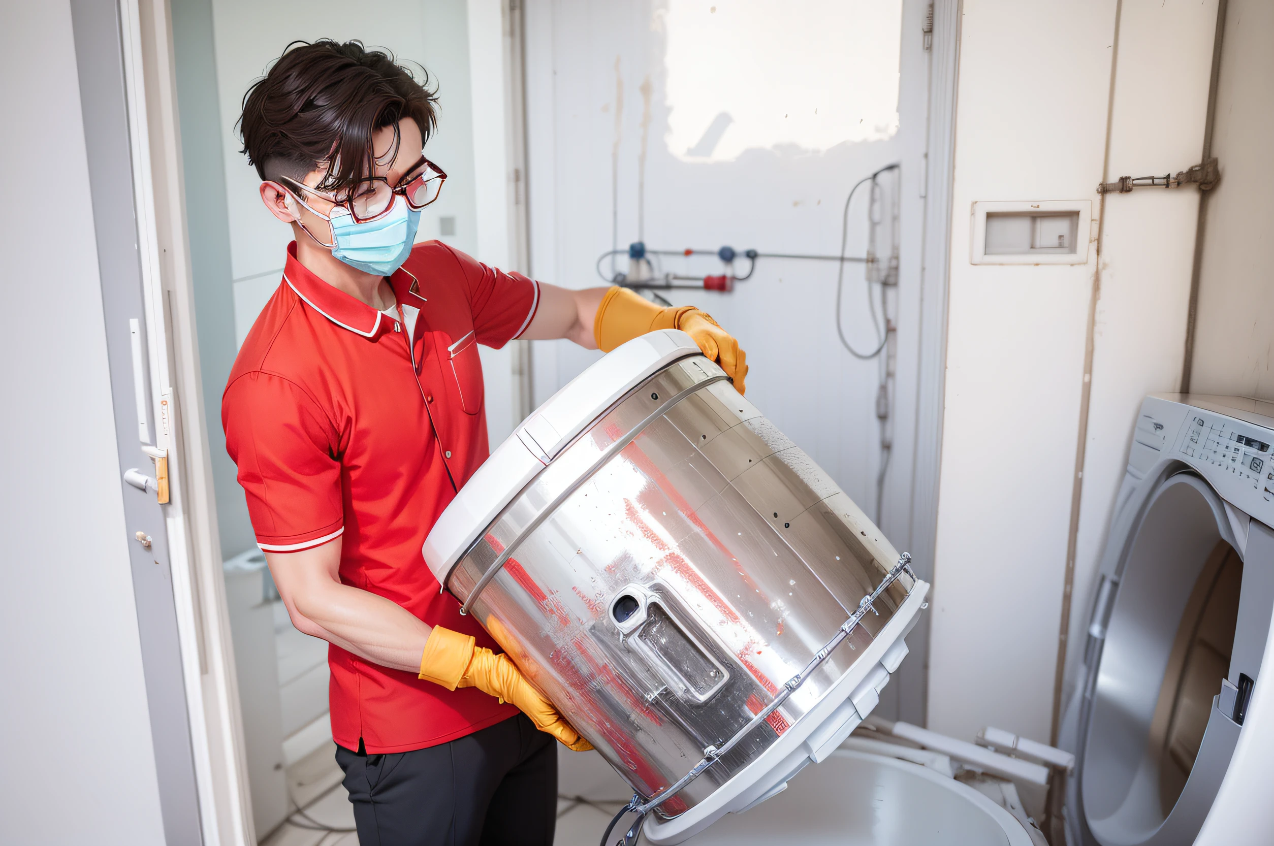 An engineer in a red short-sleeved suit,On a hot summer day,Carefully repaired the washing machine,The background reflects the feeling of summer --auto