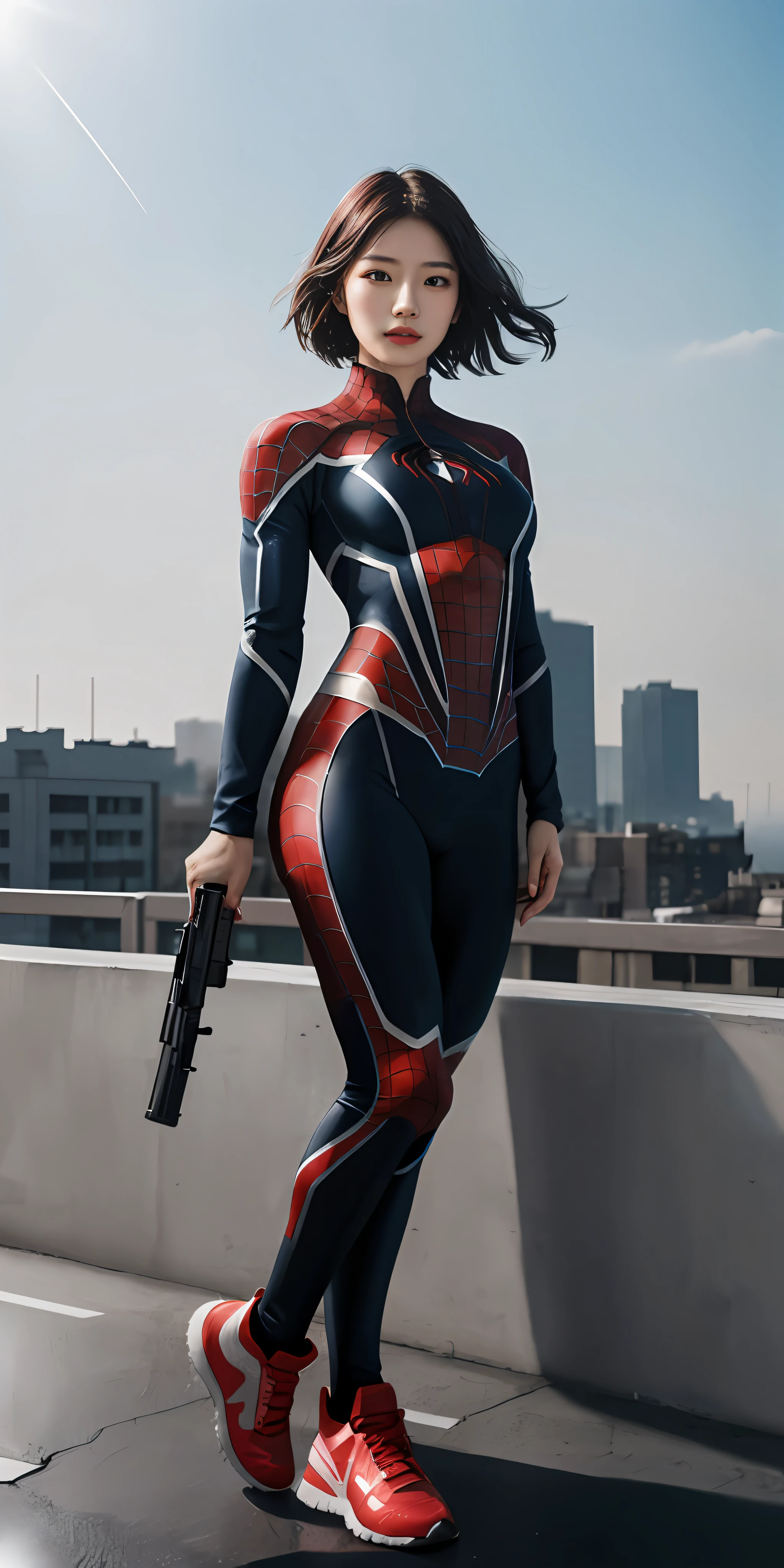 ChineseGirl(1girll:1.3), (holding a gun in her hand:1.8),the gun is complete,byself, (((very vey very detailed face))),(((very detailed eyes and faces))),(Beautiful and cold face:1.2),Revenge emoticon,short detailed hair(black in color:1.3),tightsuit,(Muscle lines are pronounced),beatiful detailed eyes,Body parts__,offcial art,Unified 8k wallpaper,ultra-detailliert,Beautiful and beautiful,big breasts beautiful,tmasterpiece,best qualtiy,primitive,tmasterpiece,ultra fine photos,best qualtiy,超高分辨率,photorealistic realism,rays of sunshine(The background is sunlight),full-body portraits(Raised sexy:1.3),stunningly beautiful,dynamicposes,delicated face,Vibrant eyes,(From the front side), she is in a spider-man suit,Red and black color scheme,Very detailed city roof background, 详细的脸(Side lighting:1.2),Busy street background,opulent,milkyW,(((Absolutely perfect body proportions))),highly detailedskin,Realistic details of skin,Visible pores,Clear focus,volume fog,Rained,Drenched,8K UHD,digital SLR camera,high qulity,filmgrain,White skin of the(Delicate and smooth:1.2),Highlight portraits,Portrait magnification,photorealestic,photo-realism,heroism,(Full body appearance:1.3)