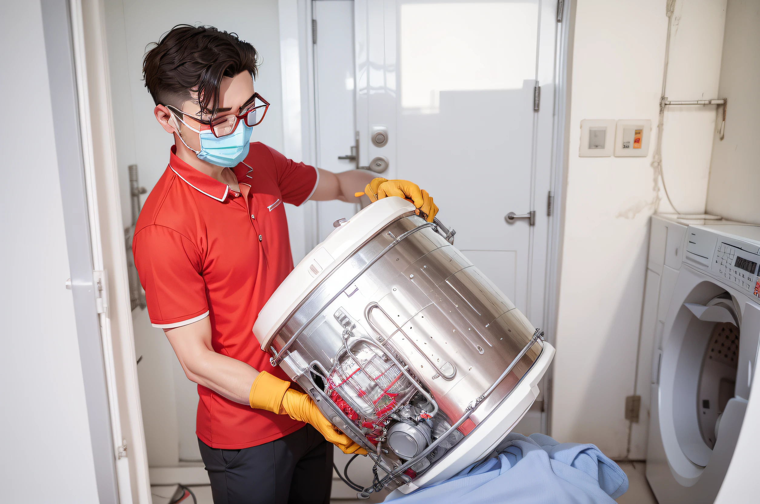 An engineer in a red short-sleeved suit，On a hot summer day，Carefully repaired the washing machine，The background reflects the feeling of summer --auto