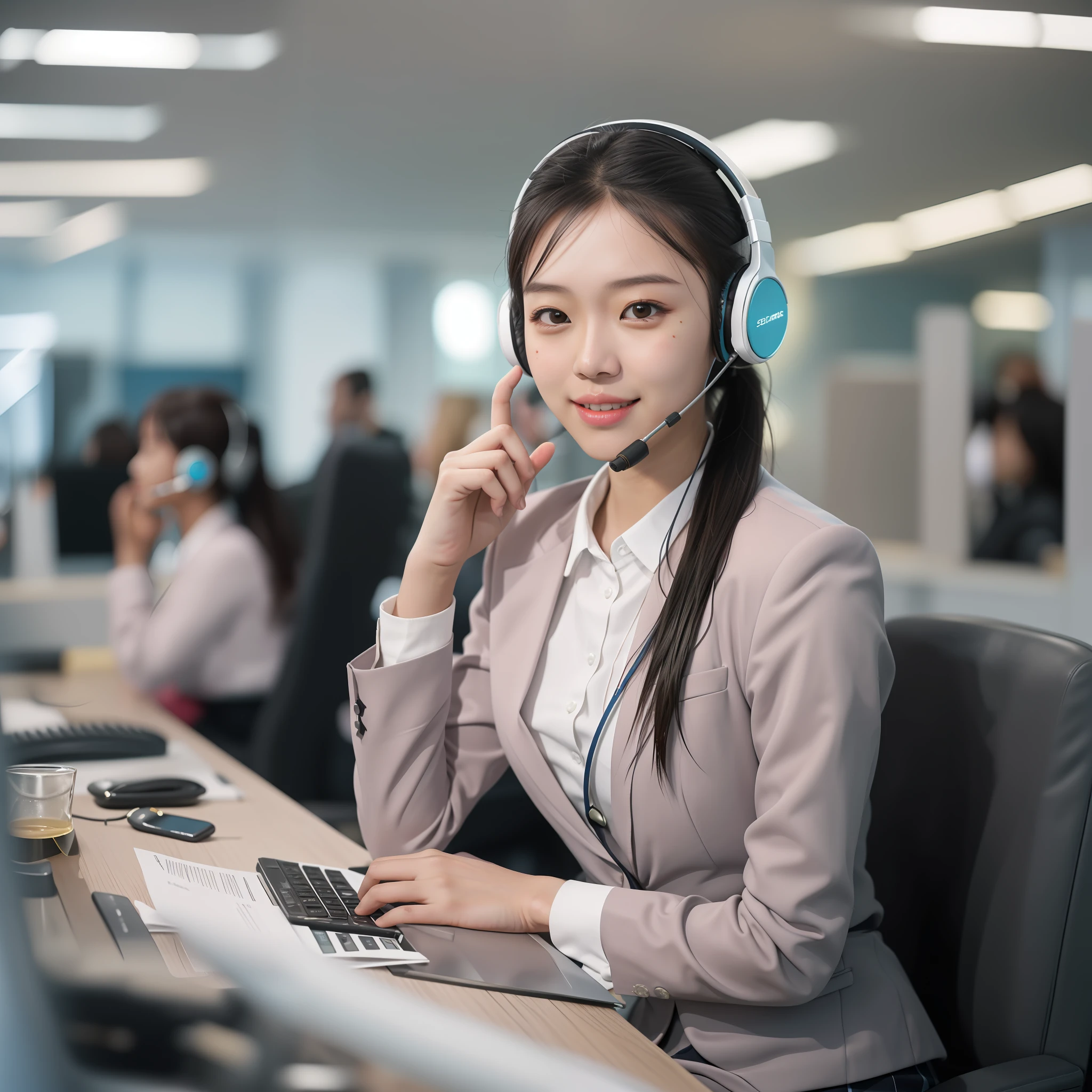 younger female, (Customer service using headphones), Asian people, Perfect skin details, ssmile, high ponytails, long whitr hair, Business suit, short  skirt, The upper part of the body, Look directly at the viewer, inside in room, call centre, Elegant and professional, In the daytime, downy, edge lit , Background bokeh, 16:9 frames, 中景 the scene is, Flat viewing angle, SENSE OF CINEMA