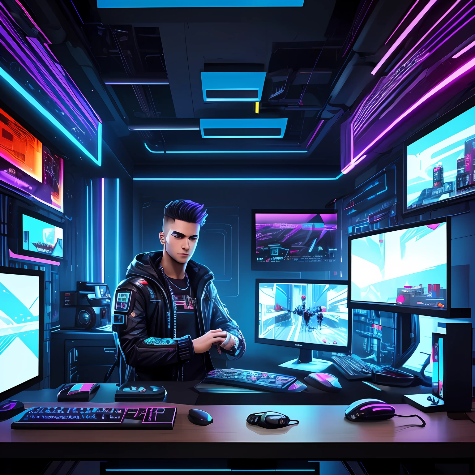 a video editor with cyberpunk outfit , hyper realistic , 4k quality , photoshop sticker , premier pro sticker , rich look , tech background, handsome boy , cool computer , gaming computer --auto