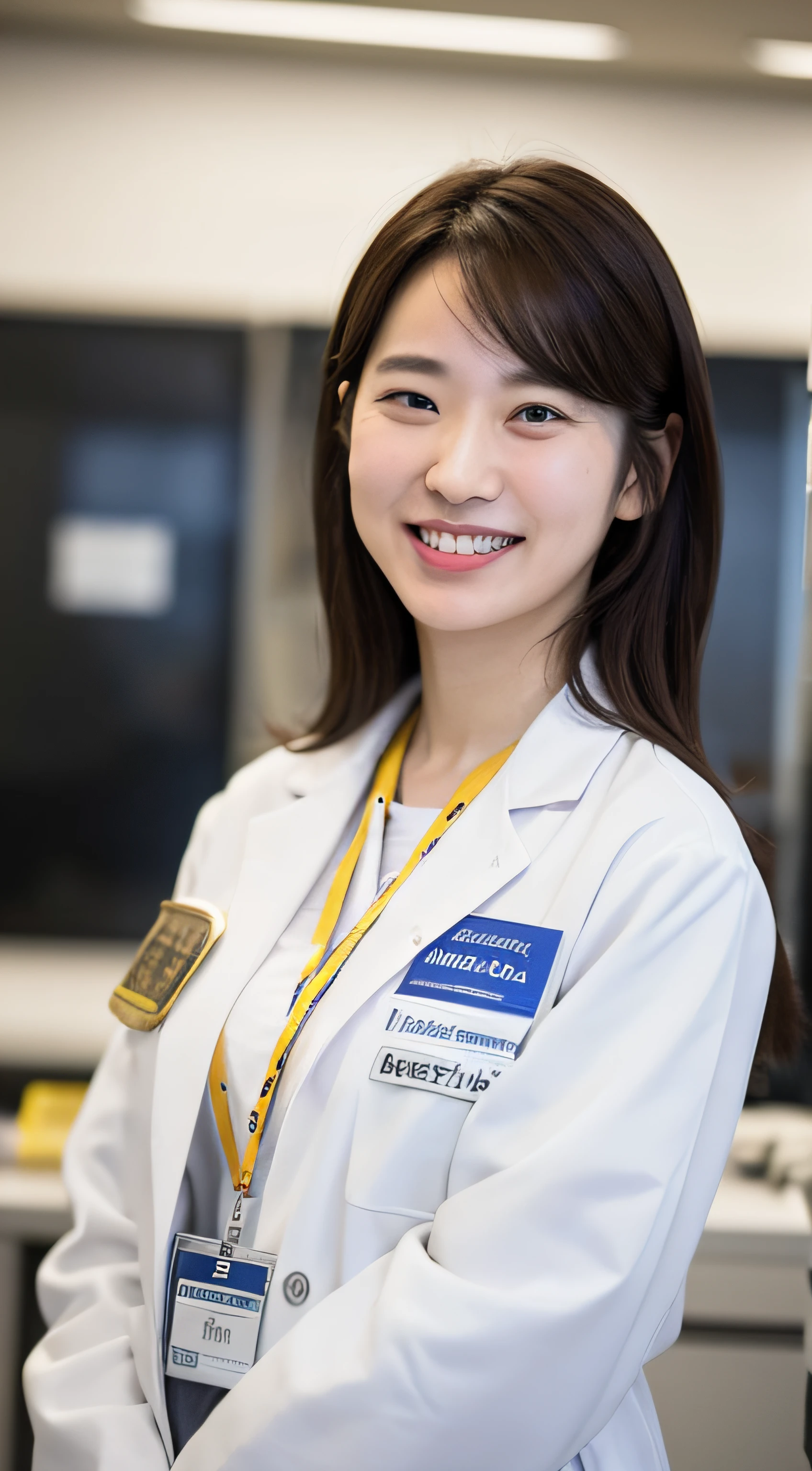 A woman in a white lab coat with a badge on her left shoulder and a name tag on her left arm smiled at the camera