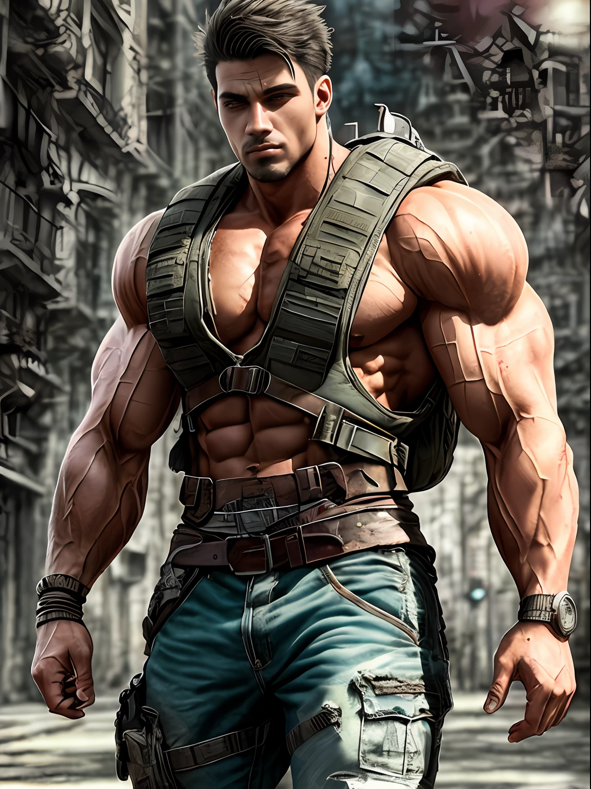 strong muscular man, street evil, backpack, epic realism, photo, faded, complex things around, intricate background, soaked through, neutral colors, (((((hdr)))), (((muted colors)))), intricate scene, artstation, intricate details, vignette