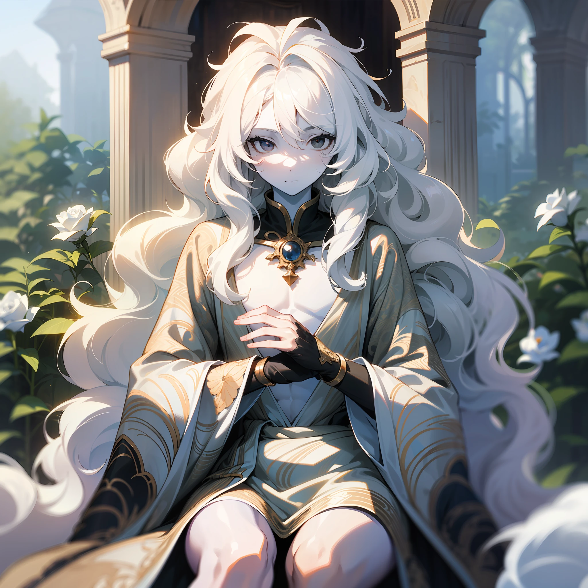 young man, (((one person))), single, solo, (((male))),(slim body), (flat chest), (((white colored skin))), (porcelain skin), ((marble skin)), (((white-skinned))), (((black colored eyes))), ((black eyes)), (((white colored hair))), ((white hair)), ((long hair)), (((poofy hair))), (fluffy hair), ((wavy hair)), (((fantasy style))), wearing fantasy robe, flowy robe, christian inspired, ((fantasy patterns on clothes)), ((magical patterns)), rose garden in the background