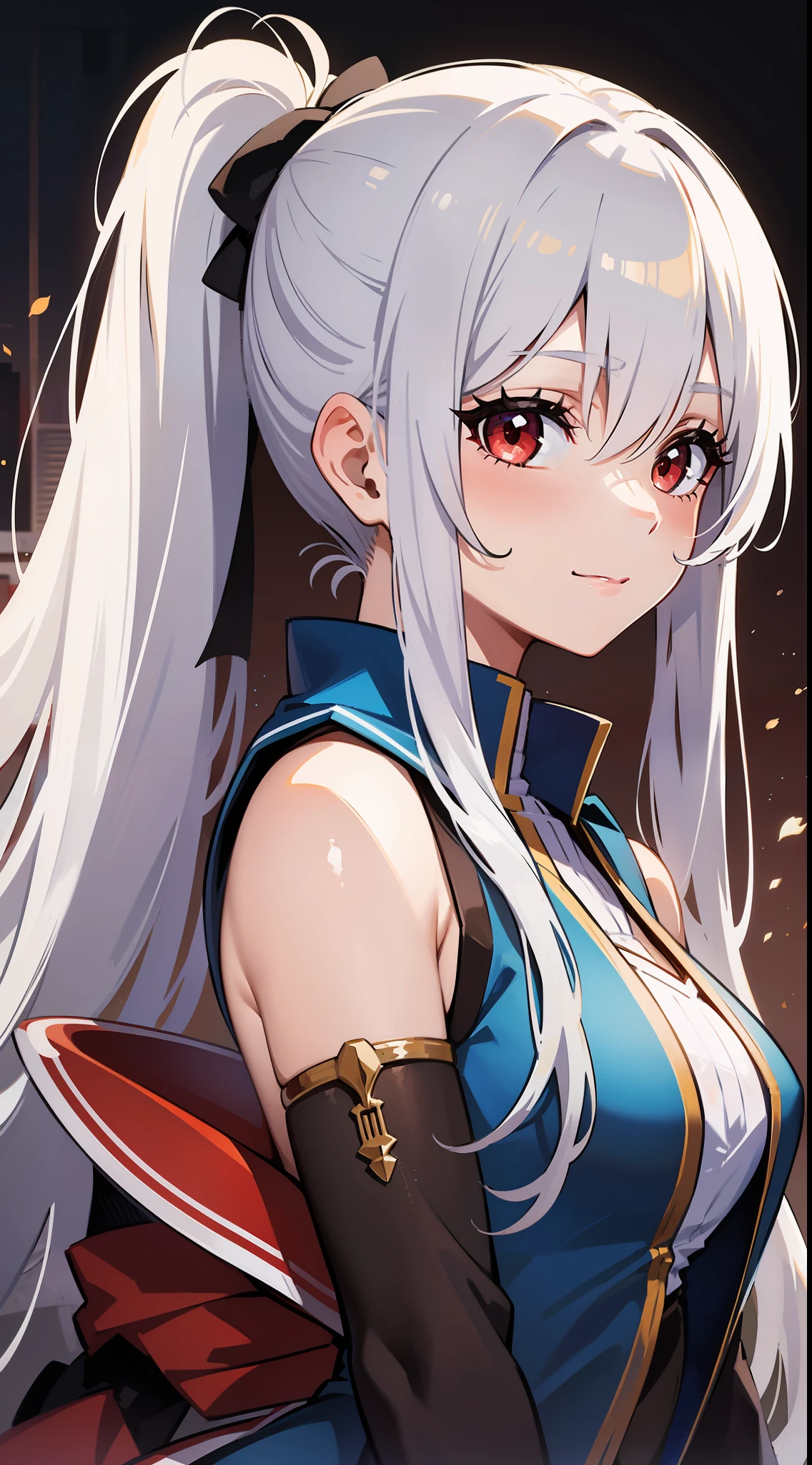 young girl, Long white hair, high ponytail, red eyes, Blue sleeveless kimono, ssmile, Masterpiece, hiquality