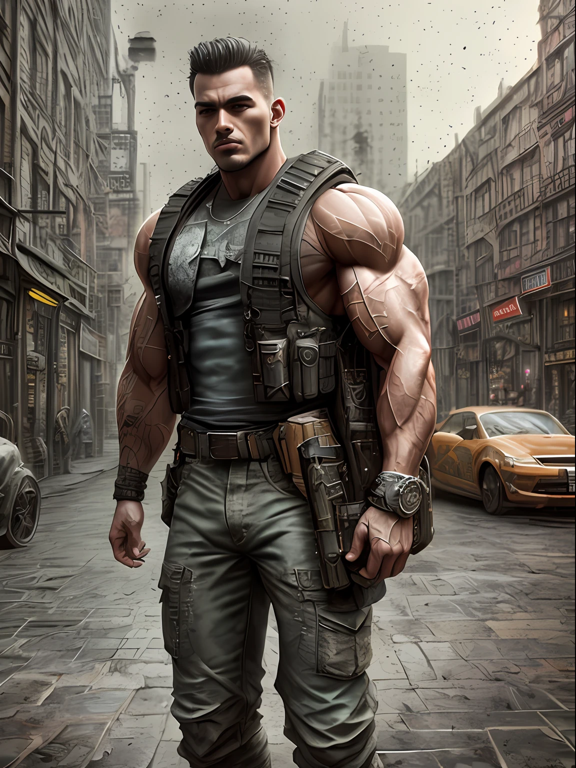 strong muscular man, street evil, backpack, epic realism, photo, faded, complex things around, intricate background, soaked through, neutral colors, (((((hdr)))), (((muted colors)))), intricate scene, artstation, intricate details, vignette