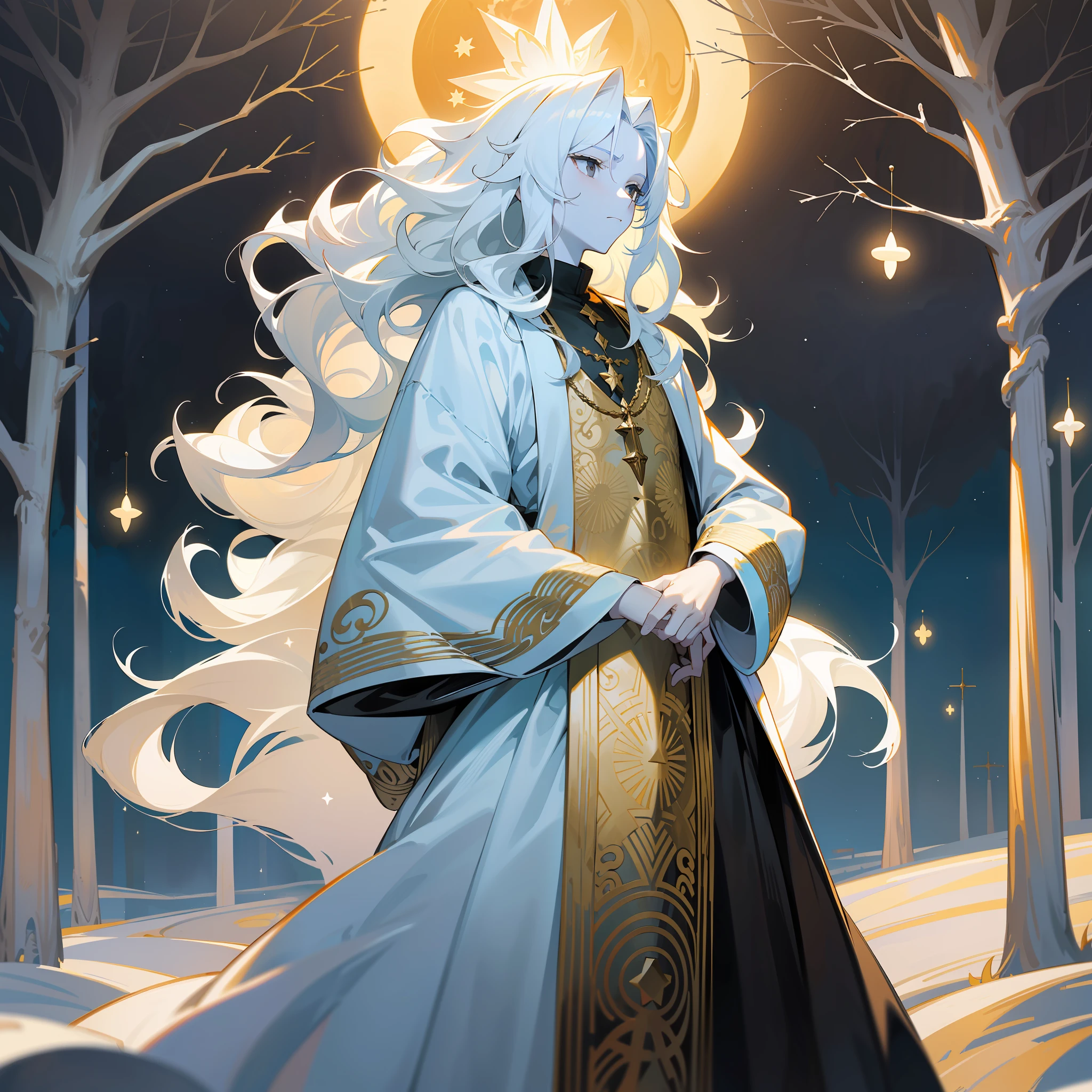 young man, (((one person))), single, solo, (((male))),(slim body), (flat chest), (((white colored skin))), (porcelain skin), ((marble skin)), (((white-skinned))), (((black colored eyes))), ((black eyes)), (((white colored hair))), ((white hair)), ((long hair)), (((poofy hair))), (fluffy hair), ((wavy hair)), (((fantasy style))), (wearing fantasy robe), (flowy robe), (long robe), covered up, christian inspired, christian priest, ((fantasy patterns on clothes)), ((magical patterns)), stars decoration, sun moon decoration, warm light, standing on a road, alone, vast fields in the background, a few trees, a fantasy town far in the distance