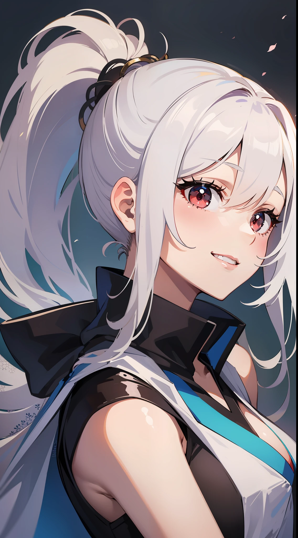 young girl, Long white hair, high ponytail, red eyes, Blue sleeveless kimono, ssmile, Masterpiece, hiquality