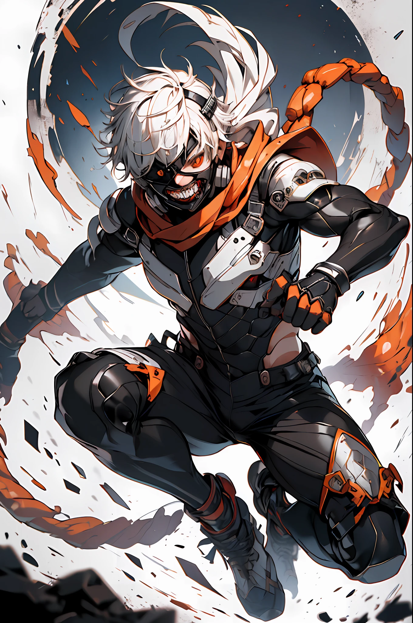 8k, anime, portrait, best quality, ultra high res, ultra detailed, high contrast color tone, extremely detailed lighting, cinematic lighting, soft lights, (masterpiece, high quality:1.4), (kaneki ken, white hair, red and black eye, mask | fangs, sharinggan eyes, white exoskeleton armor , with red scarf, scorpio tentacles), blood, ((full body)), (dynamic pose), orange background, thrilling, (fierce face) dynamic jump pose