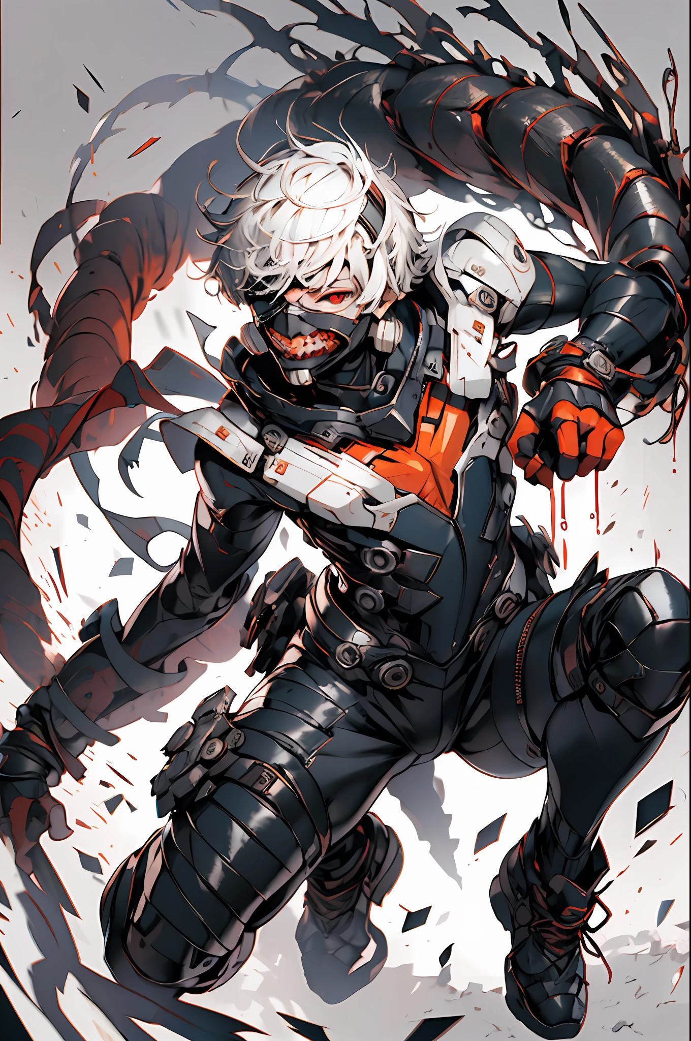 8k, anime, portrait, best quality, ultra high res, ultra detailed, high contrast color tone, extremely detailed lighting, cinematic lighting, soft lights, (masterpiece, high quality:1.4), (kaneki ken, white hair, red and black eye, mask | fangs, sharinggan eyes, white exoskeleton armor , with red scarf, scorpio tentacles), blood, ((full body)), (dynamic pose), orange background, thrilling, (fierce face) dynamic jump pose