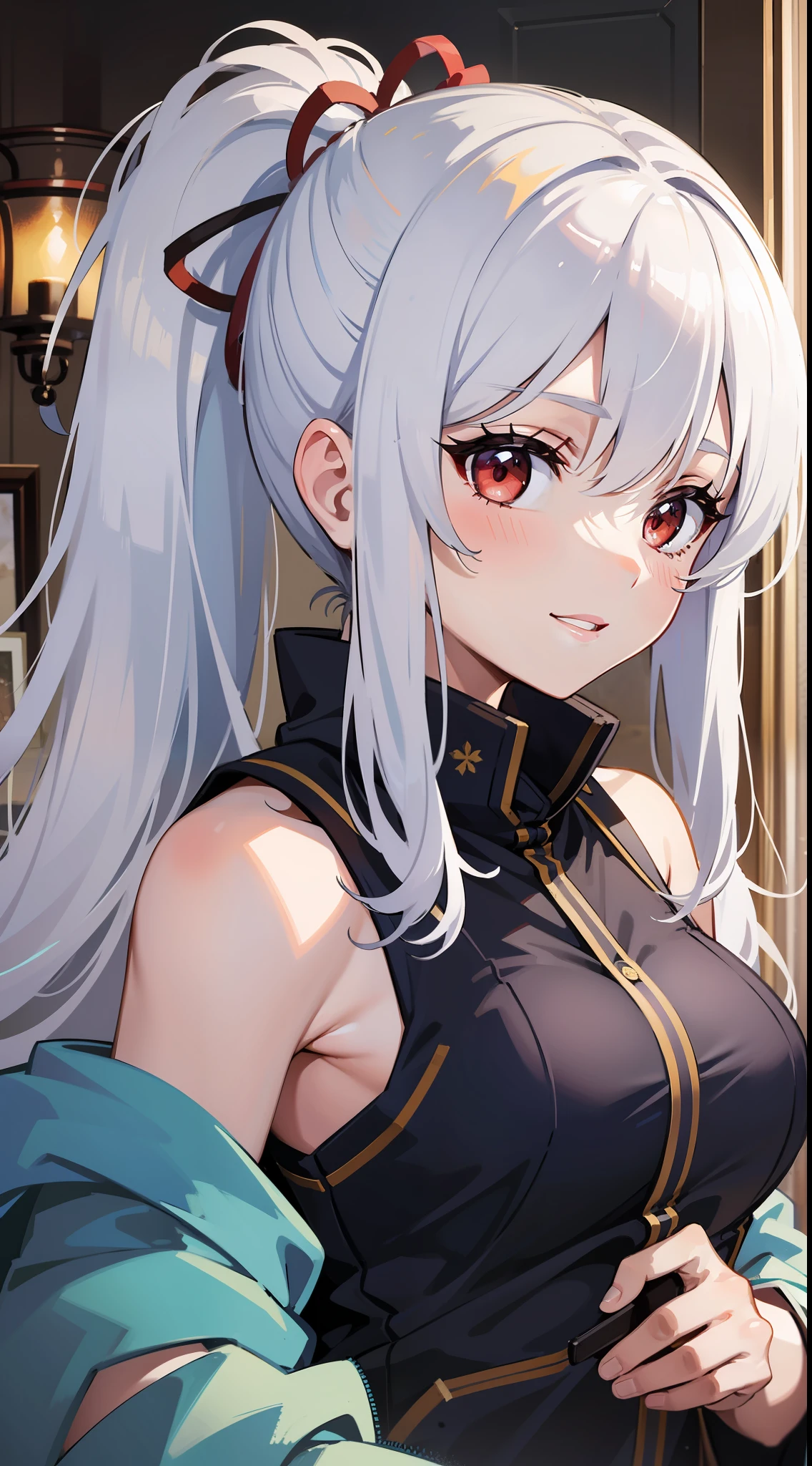 young girl, Long white hair, high ponytail, red eyes, Blue sleeveless kimono, ssmile, Masterpiece, hiquality