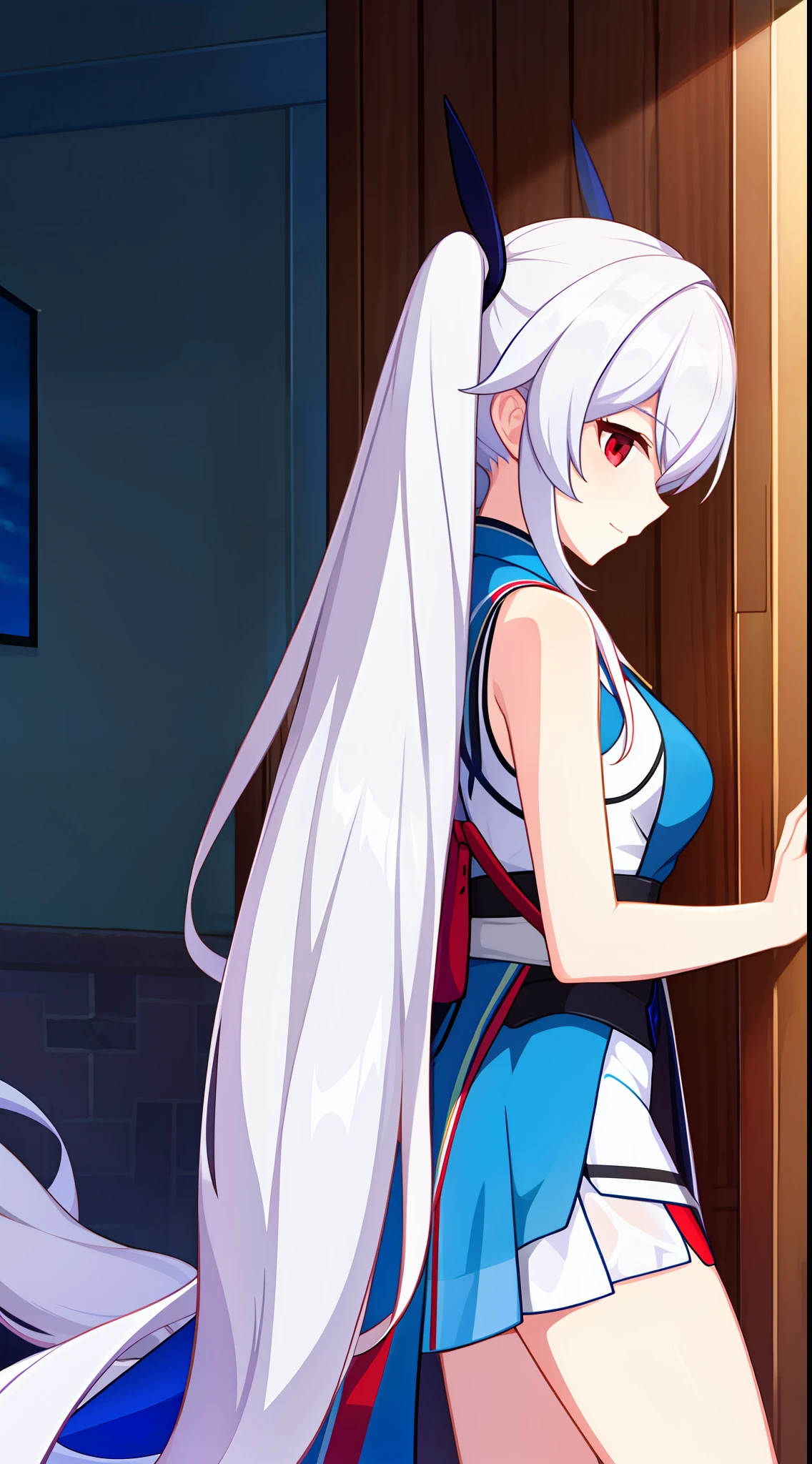 young girl, Long white hair, high ponytail, red eyes, Blue sleeveless kimono, ssmile, Masterpiece, hiquality