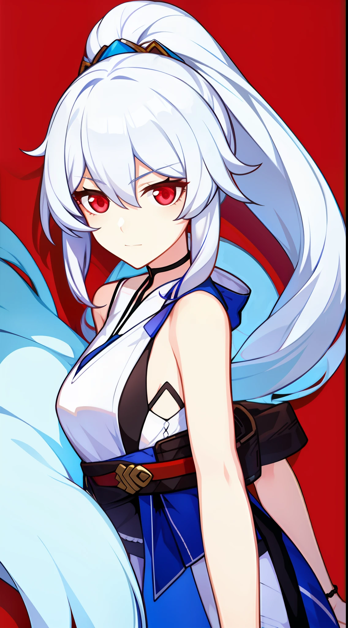 young girl, Long white hair, high ponytail, red eyes, Blue sleeveless kimono, ssmile, Masterpiece, hiquality