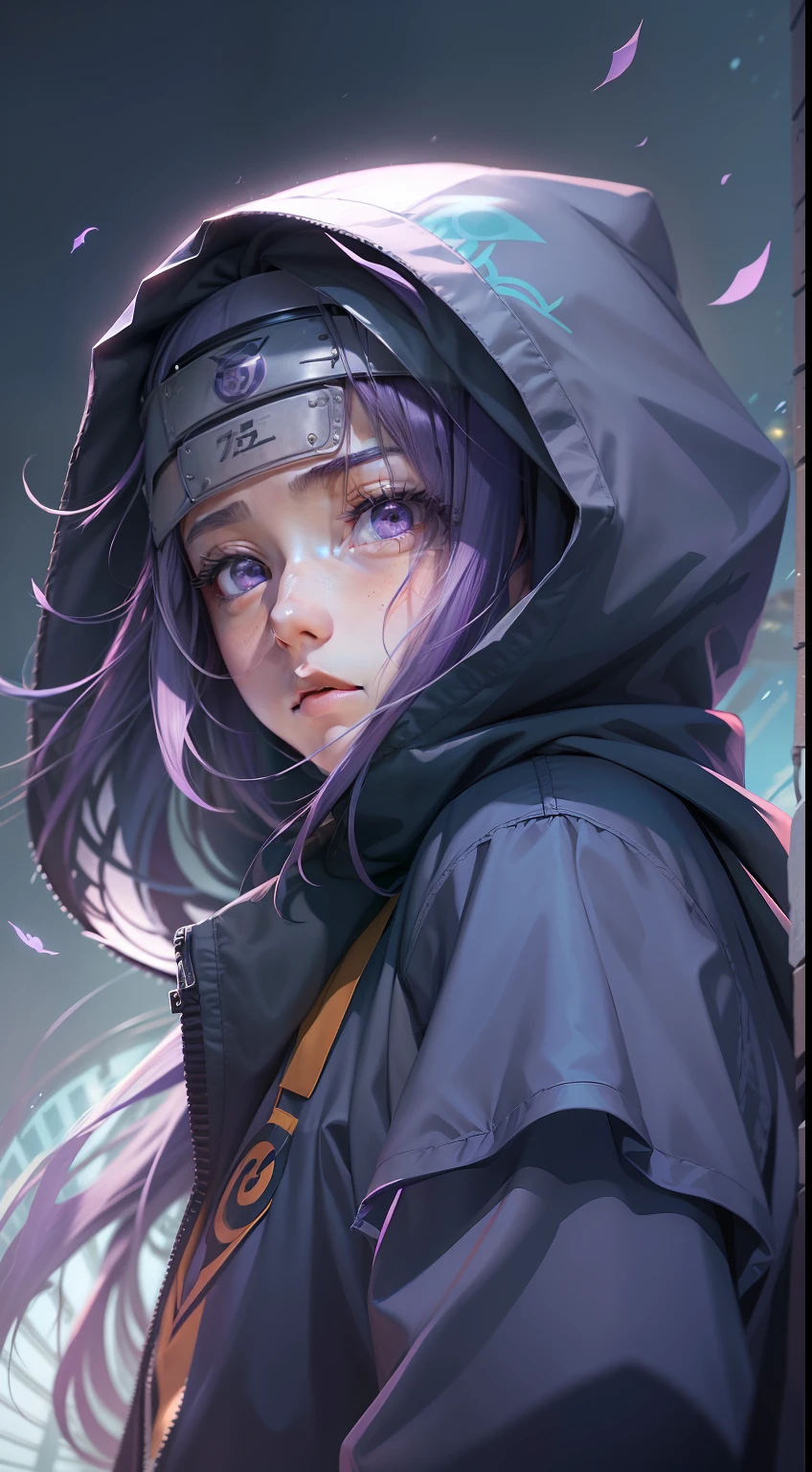 masterpiece, absurdness, 1girl with purple eyes, (((Hyūga Hinata))), (Naruto Shippuden), solo, hooded jacket, headband with the ((symbol from the Hidden Leaf Village)) around neck, looking at viewer, floating hair, wind, blue pants, anime style 4 k, realistic anime art style, anime style. 8k, beautiful anime girl