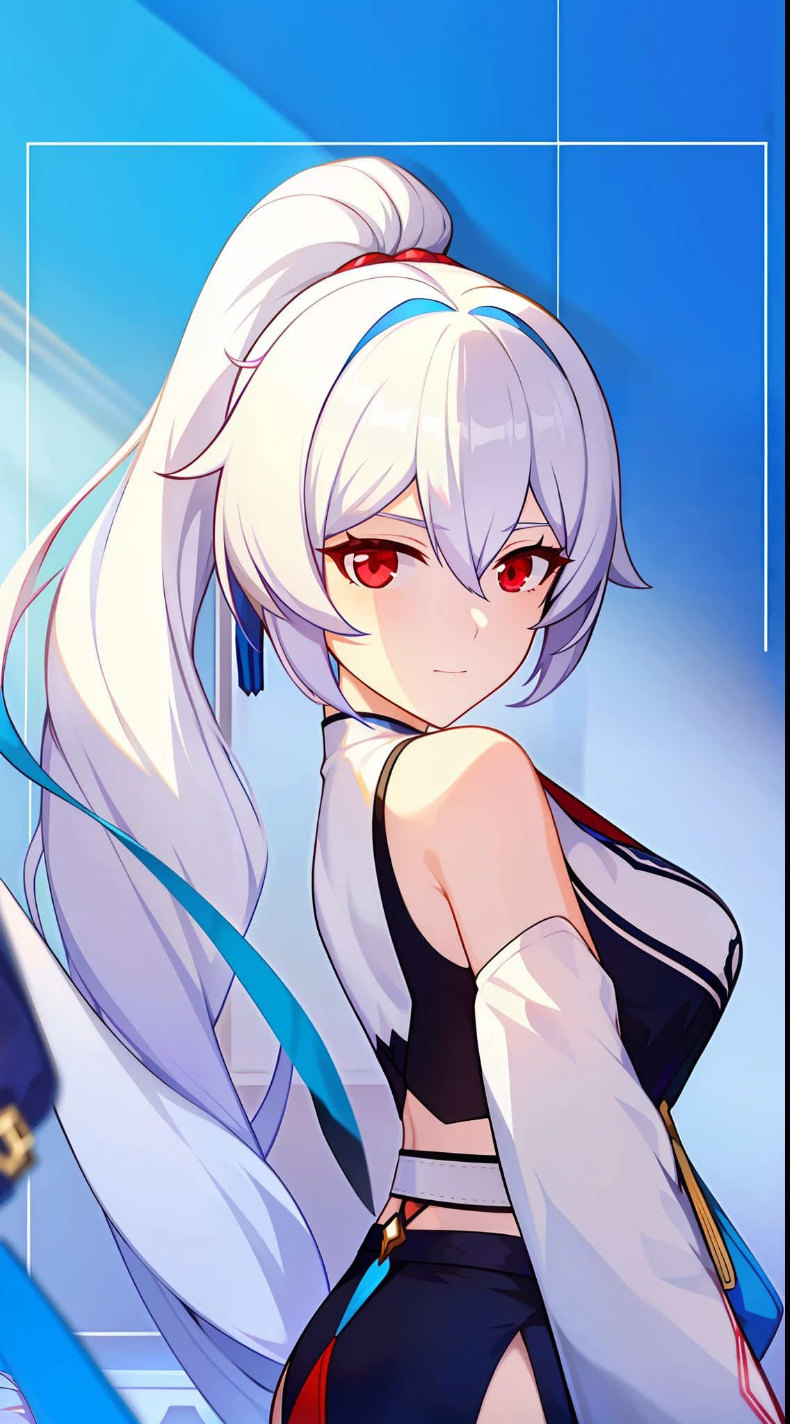 young girl, Long white hair, high ponytail, red eyes, Blue sleeveless kimono, ssmile, Masterpiece, hiquality