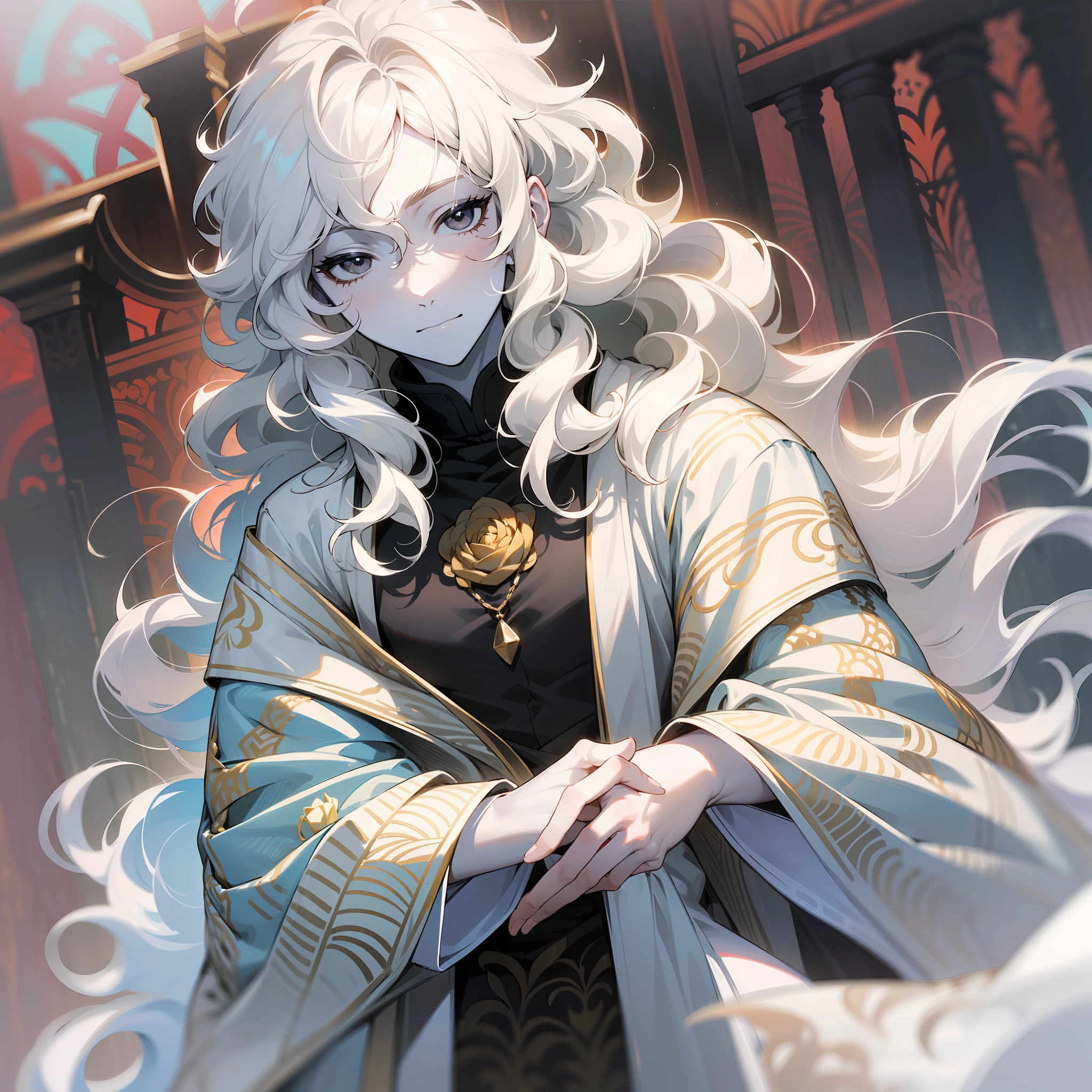 young man, (((one person))), single, solo, (((male))),(slim body), (flat chest), (((white colored skin))), (porcelain skin), ((marble skin)), (((white-skinned))), (((black colored eyes))), ((black eyes)), (((white colored hair))), ((white hair)), ((long hair)), (((poofy hair))), (fluffy hair), ((wavy hair)), (((fantasy style))), wearing fantasy robe, flowy robe, christian inspired, ((fantasy patterns on clothes)), ((magical patterns)), rose garden in the background