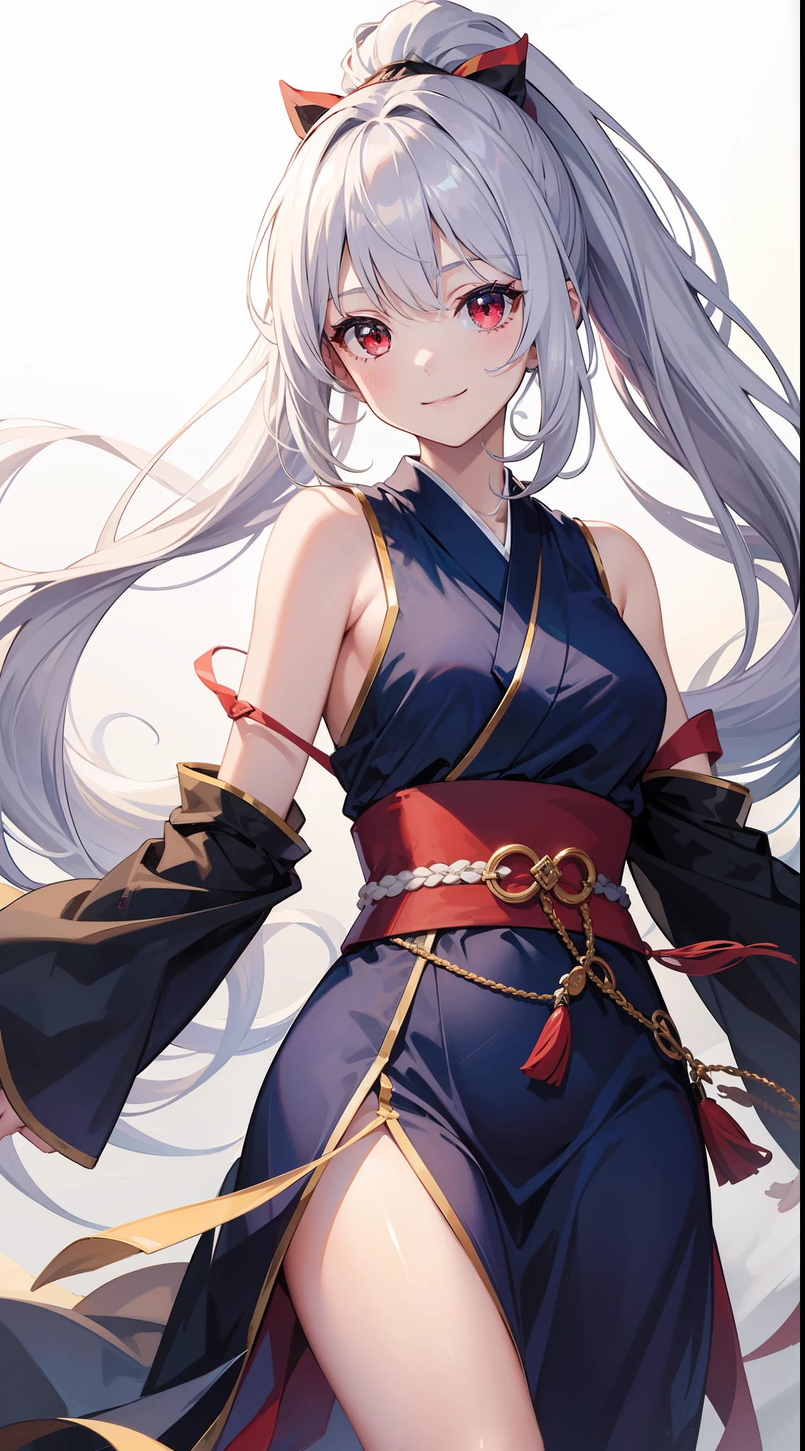 young girl, Long white hair, high ponytail, red eyes, Blue sleeveless kimono, ssmile, Masterpiece, hiquality