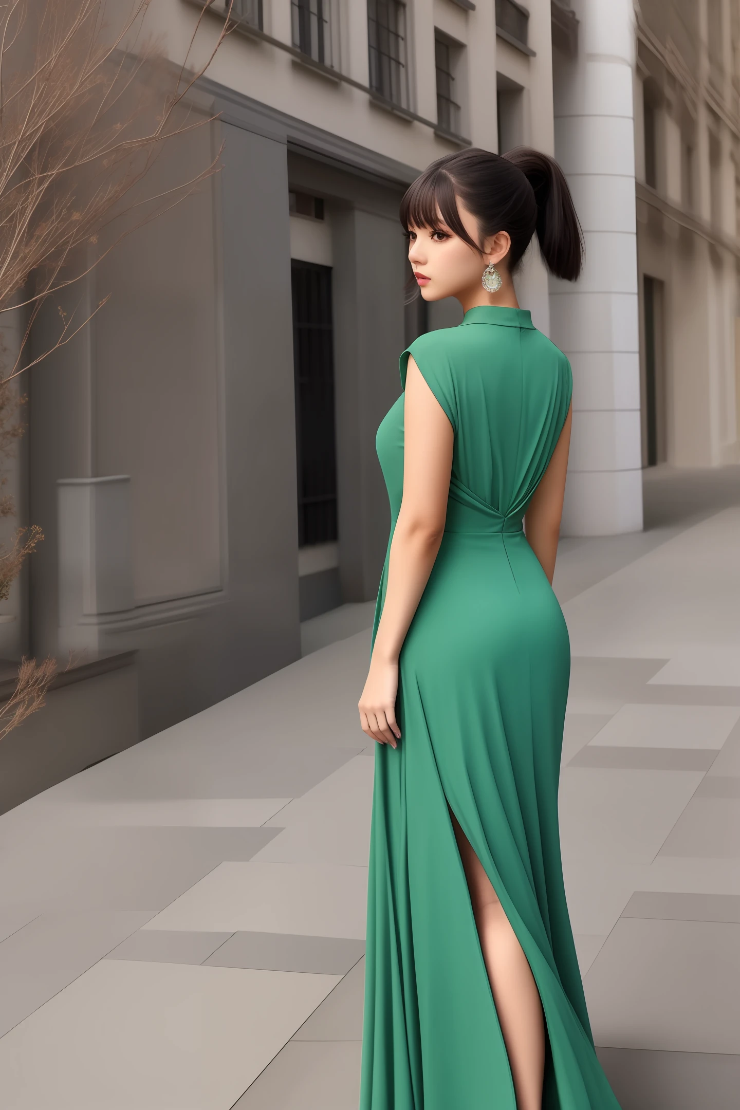 Light green high ponytail,black long dress,quadratic element,