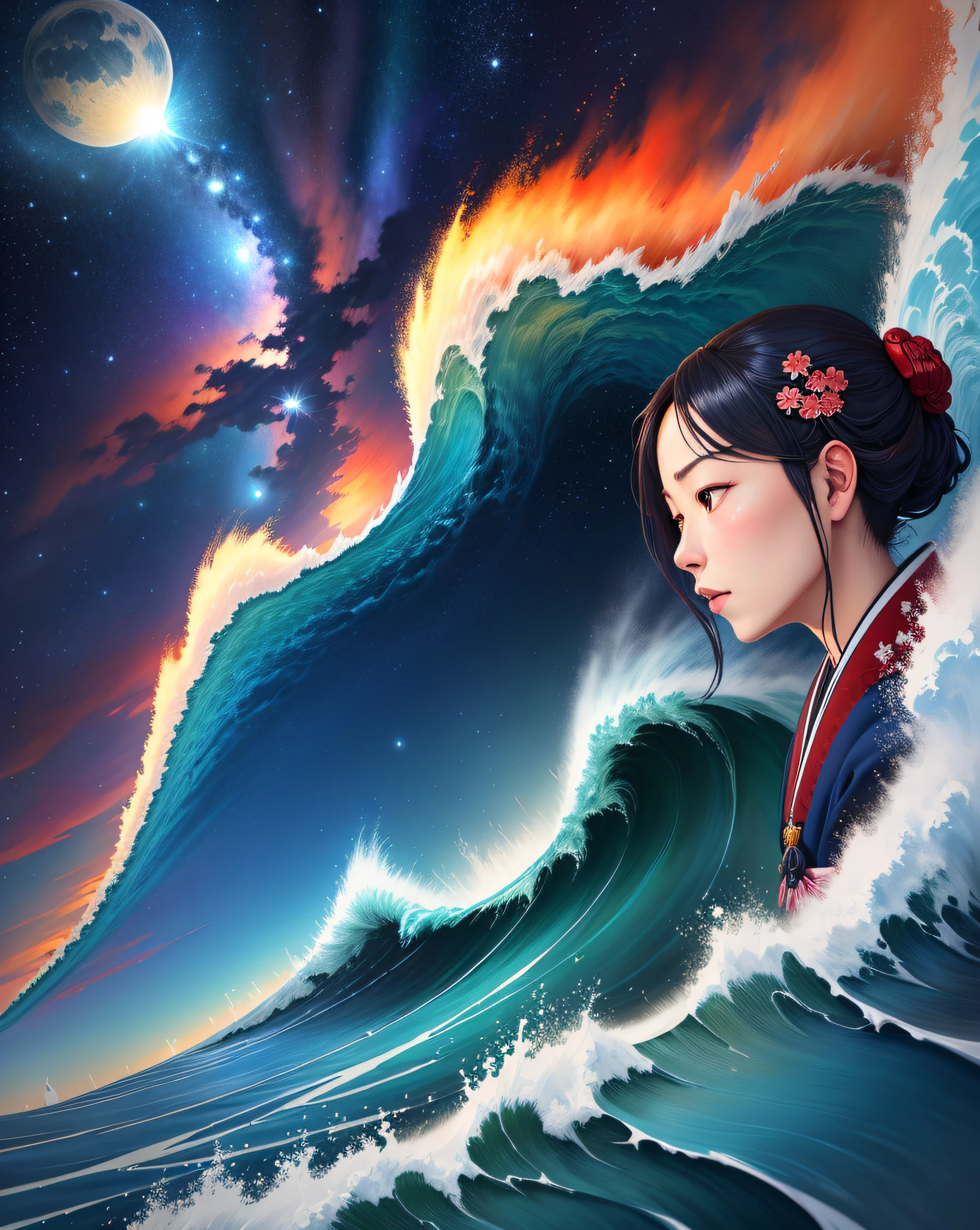 (Digital Painting),(Best Quality), Mare、Big wave、starrysky、ukiyoe painting, Katsushika Hokusai, 8K Ultra Real,