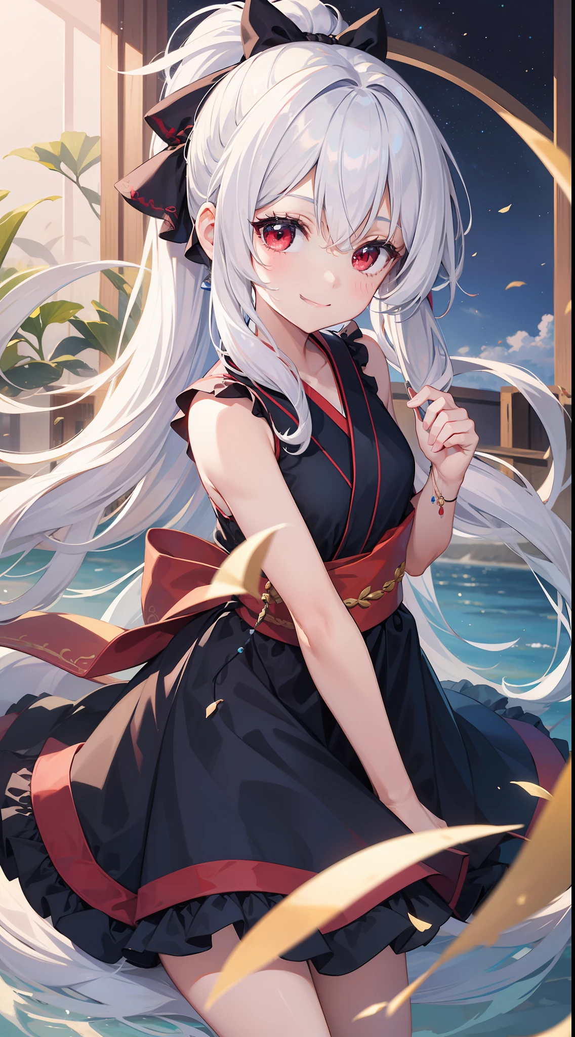 young girl, Long white hair, high ponytail, red eyes, Blue sleeveless kimono, ssmile, Masterpiece, hiquality