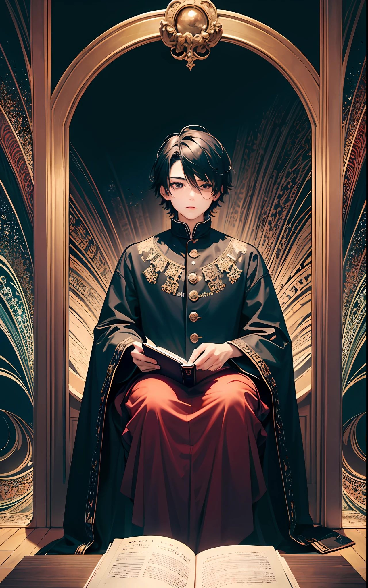 masterpiece, top quality, best quality, official art, beautiful and aesthetic:1.2), (1man), teen man, young man, man of 16, extreme detailed,(fractal art:1.3),colorful,highest detailed, black hair, short hair, black eyes, prince, thin, sitting, holding a book, big books flying around