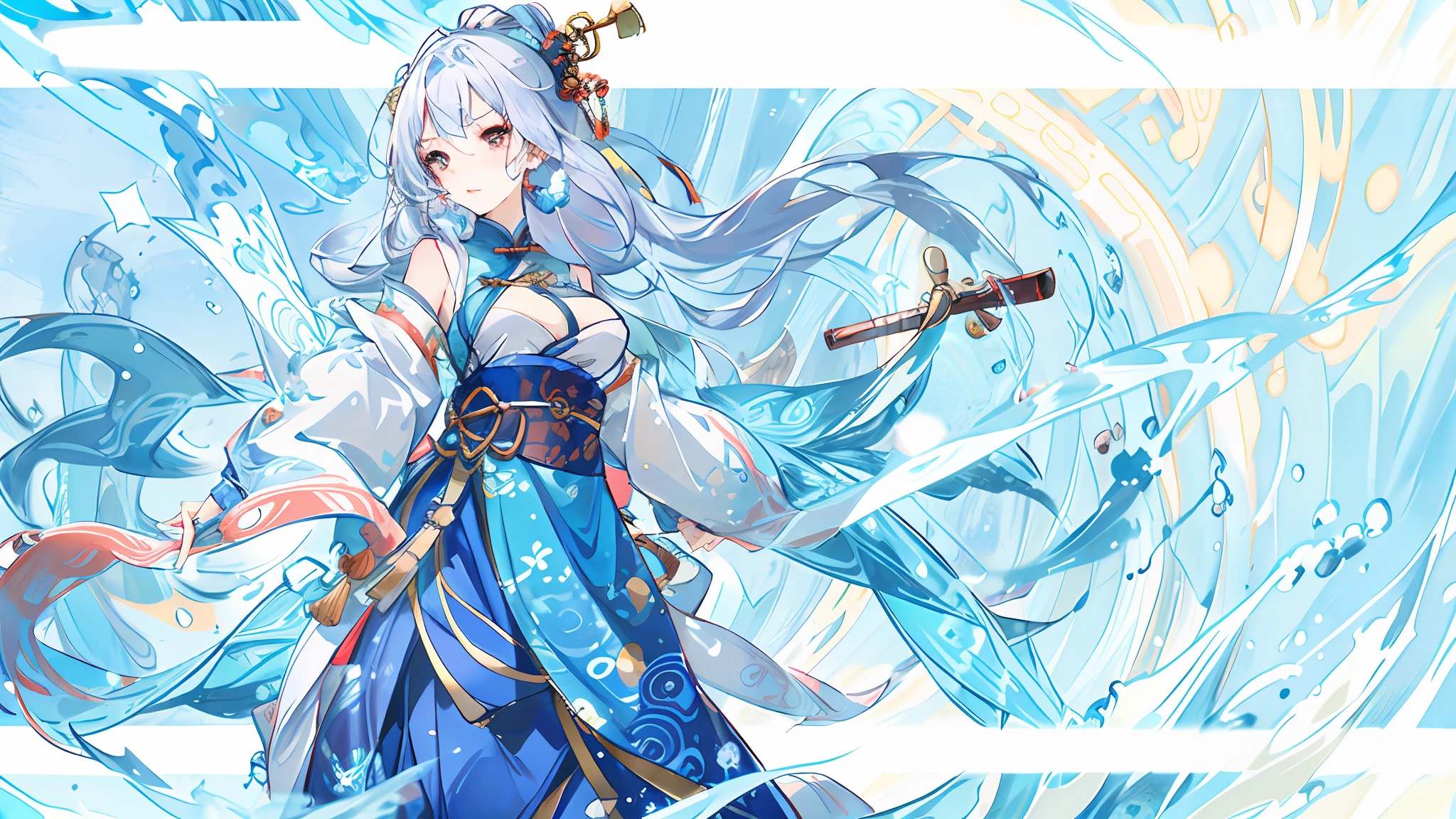 Exquisite facial features，Nice face，best qualtiy，tmasterpiece，ultra - detailed，swell sea，Buble，water flowing，one-girl，White color hair，blue skirts， Ancient Chinese clothing，National style background， 超高分辨率， 1girll， adolable，Raised sexy，Exposed flesh，seductiv， boobs exposed， childish looks， Kawaii face， Detailed skins，， Chinese ancient style， full bodyesbian， Slim，