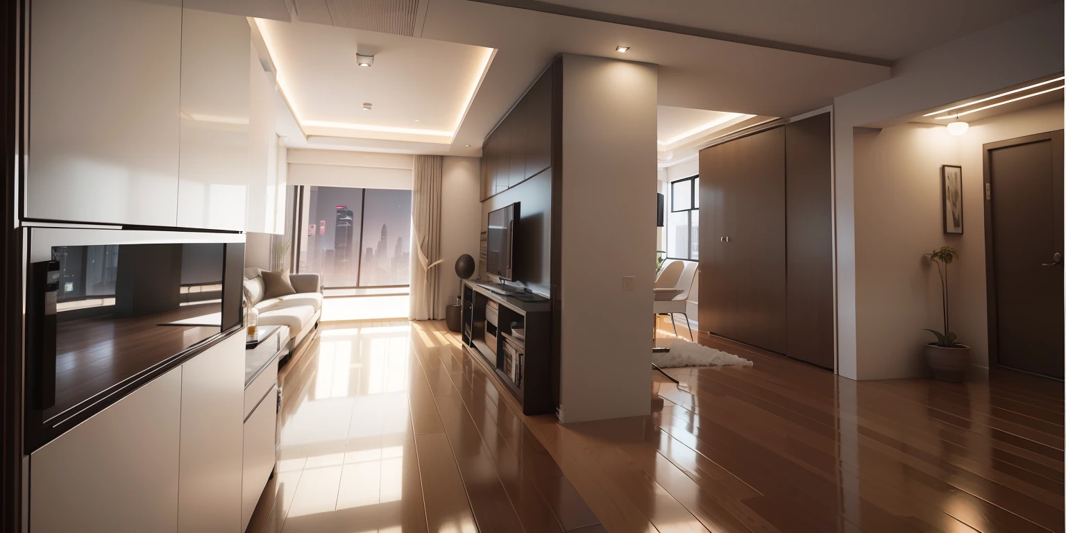 Interior design living room floor plan，Modern minimalist style decoration，Multi-angle display，a 3D render、cozy indoor lighting、ultra - detailed、cinematic ligh，Evening furniture and windows，8K ，Futuristic ，Cyberpunk style，Full of technology --auto