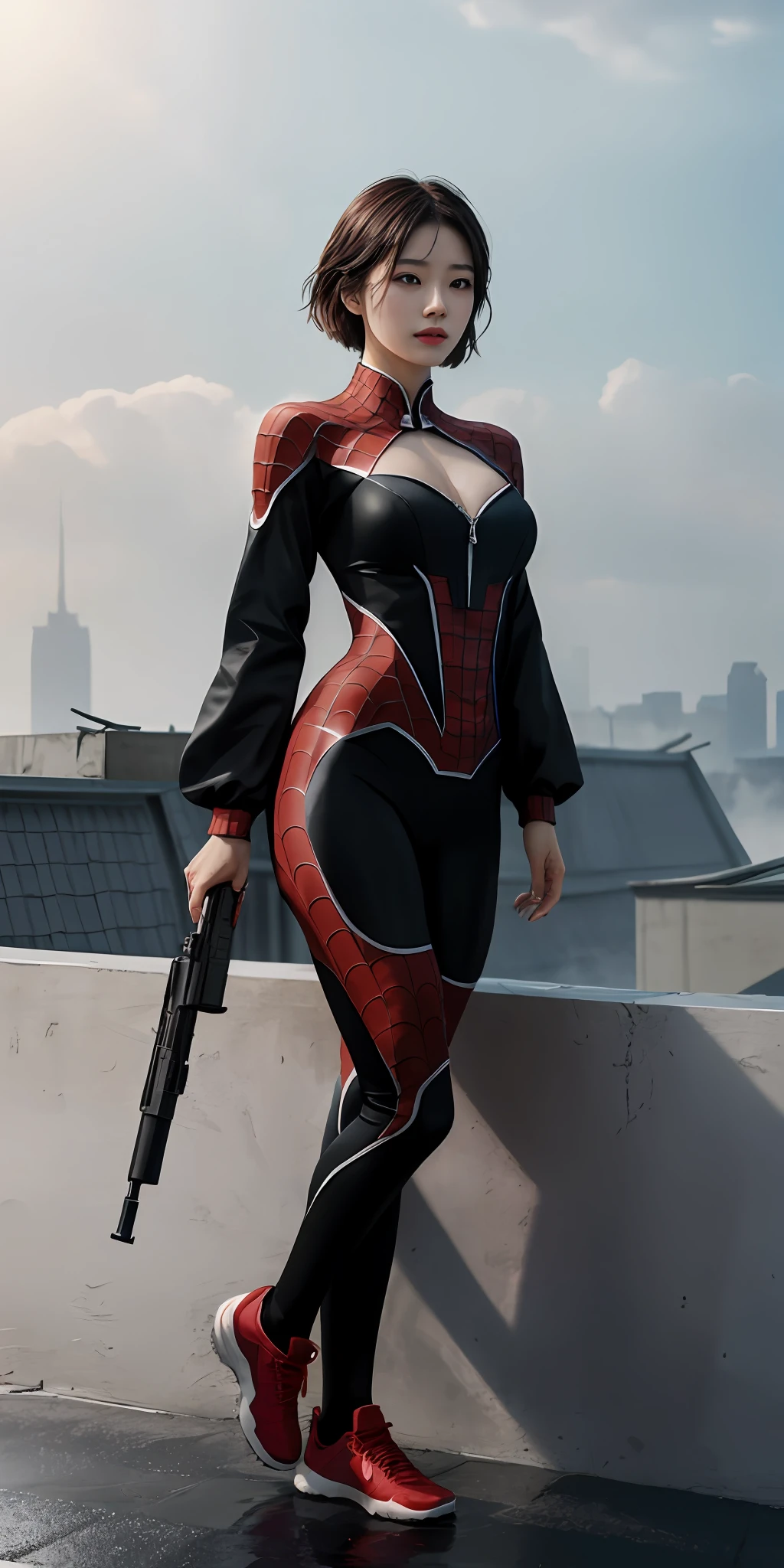 ChineseGirl(1girll:1.3), (holding a gun in her hand:1.8),byself, (((very vey very detailed face))),(((very detailed eyes and faces))),(beautiful and cold face:1.2),Revenge emoticon,short detailed hair(black in color:1.3),beatiful detailed eyes,Body parts__,offcial art,Unified 8k wallpaper,ultra-detailliert,Beautiful and beautiful,big breasts beautiful,tmasterpiece,best qualtiy,primitive,tmasterpiece,ultra fine photos,best qualtiy,超高分辨率,photorealistic realism,rays of sunshine(The background is sunlight),full-body portraits(Raised sexy:1.3),stunningly beautiful,dynamicposes,delicated face,Vibrant eyes,(From the front side), she is in a spider-man suit(Spider pattern:1.2),Red and black color scheme,Very detailed city roof background, Roof,looking over city,详细的脸(Side lighting:1.2),detailed complex busy background,opulent,milkyW,(((Absolutely perfect body proportions))),highly detailedskin,Realistic details of skin,Visible pores,Clear focus,volume fog,Rained,Drenched,8K UHD,digital SLR camera,high qulity,filmgrain,White skin of the(Delicate and smooth:1.2),photorealestic,photo-realism,heroism,(Full body appearance:1.3)
