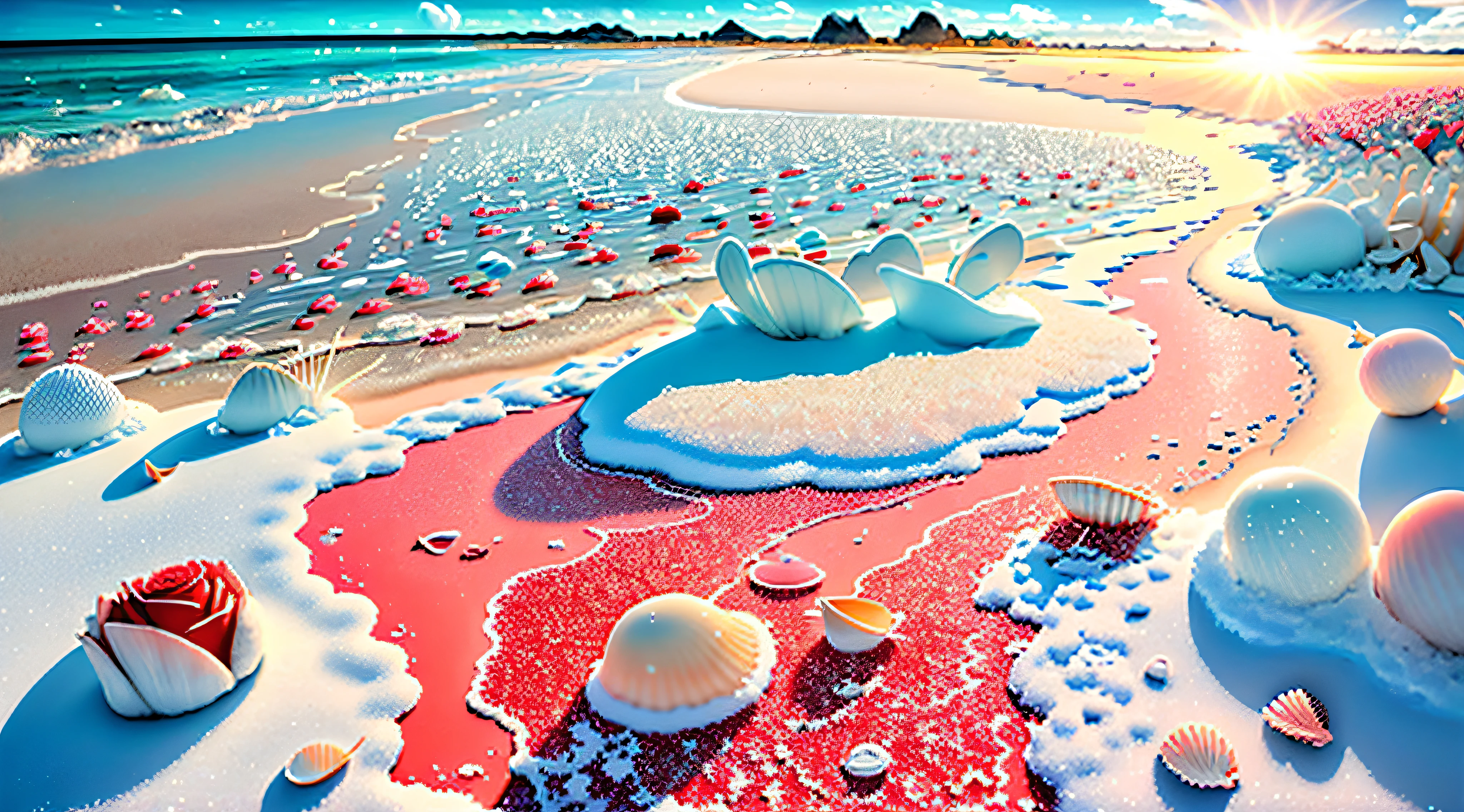 delicate scene,depth of field, 8K, The ivory sky,white clouds,and sunlight shine on the snow-white beach. The coral sea,and many colorful tinny shells on the beach,red roses, roses focus,