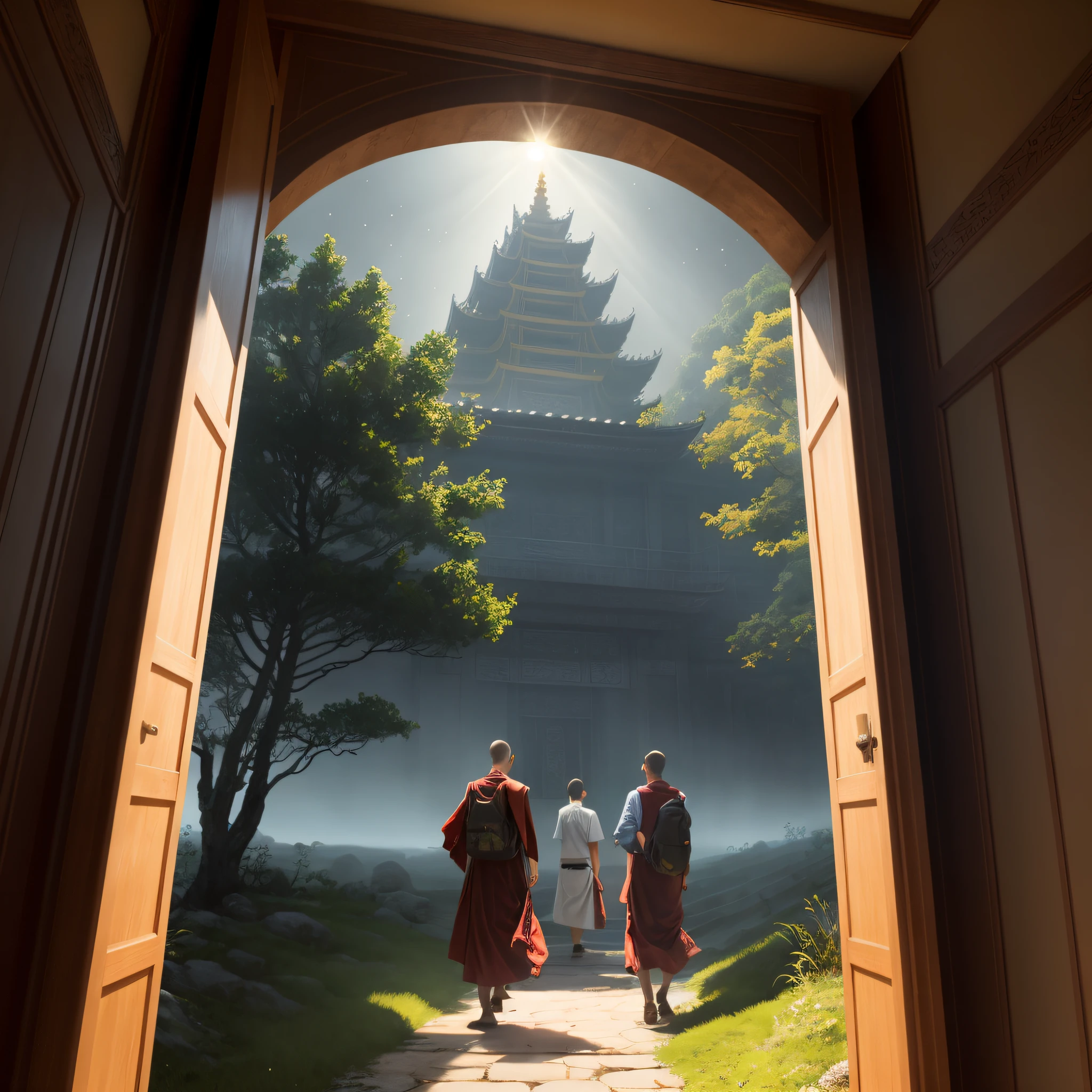 doorway view of two monks walking towards a temple with a sun shining through the door, ross tran and michael whelan, digital painting of a pagoda, unreal engine fantasy art, unreal engine render concept art, andreas rocha style, rossdraws global illumination, inspired by Raphael Lacoste, akihiko yoshida. unreal engine, james gurney and andreas rocha