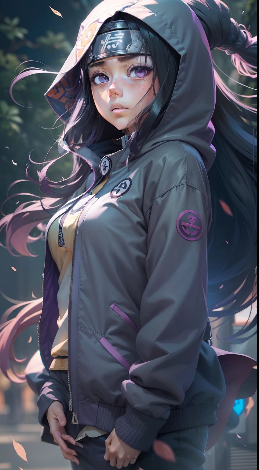 masterpiece, absurdness, 1girl with purple eyes, (((Hyūga Hinata))), (Naruto Shippuden), solo, hooded jacket, headband with the ((symbol from the Hidden Leaf Village)) around neck, looking at viewer, floating hair, wind, blue pants, anime style 4 k, realistic anime art style, anime style. 8k, beautiful anime girl