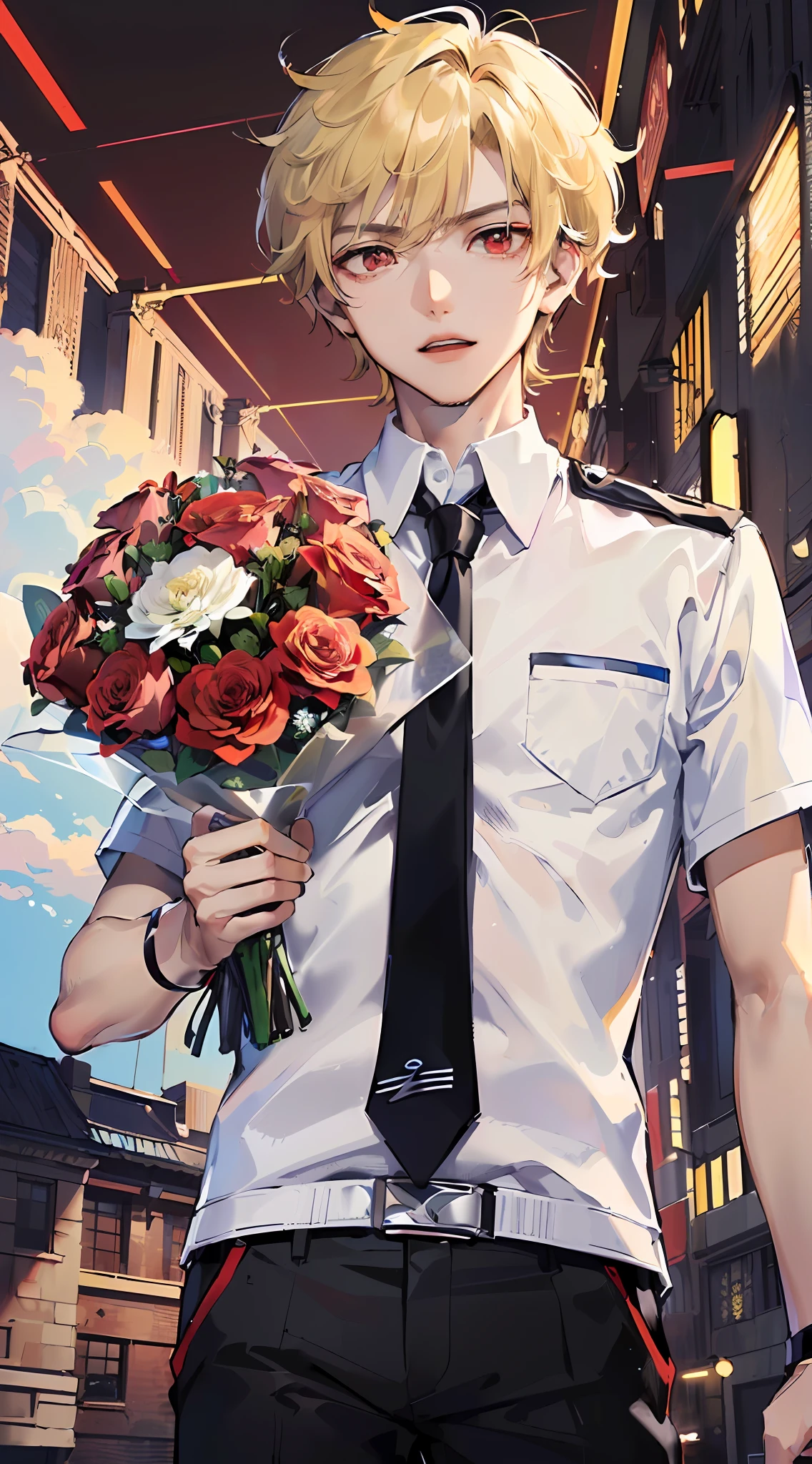 Master masterpiece、best qualtiy、8K、(16 years old male:1.5)、Bakugan Moon(Bakugan Moon(Bakugoukatsuki)),(short blonde hair and red eyes:1.2),(Composition holding out a large bouquet:1.4)、Menacing face、White shirt with short sleeves、red necktie、Beautiful sky background