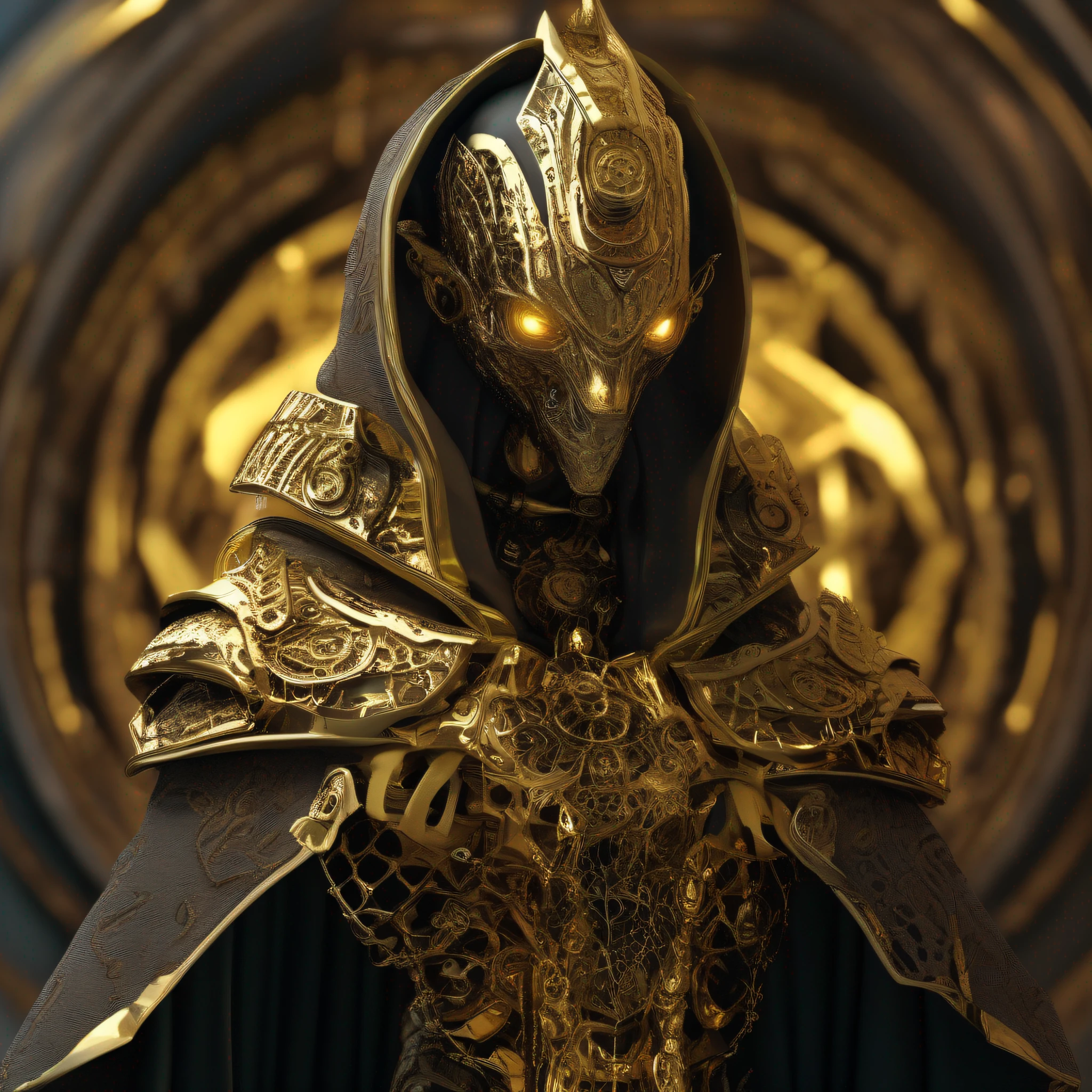 ((raw photo)), ((masterpiece)), anthropomorphic humanoid NagaSerpentGod wearing cloak, long sleeves, golden crest, intricate detail, futobot, intricate Greebles parts, dramatic lighting, rim lighting,