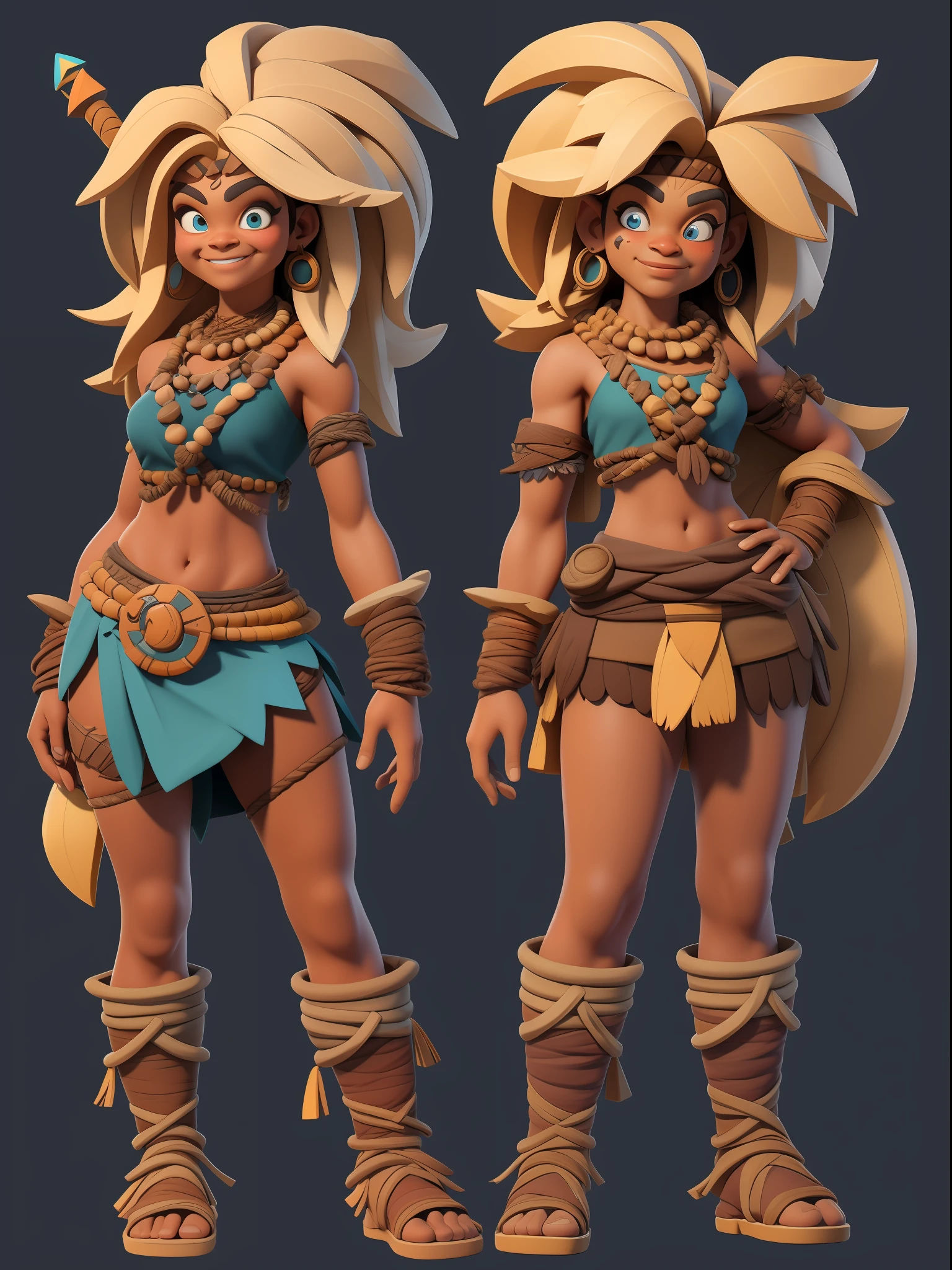 1 Tribal Girls，Full body like，（European and American cartoon Q version，3D model rendering，Primitive barbarian style），mages，Barbarians，Primitive tribes，dwarven，clash of clans style，Cartoon model rendering，low poly，highly details eye、beauitful face，Mini Dwarf，Complicated details，Full body standing painting，white backgrounid，tmasterpiece，best qualtiy，Best resolution，8K