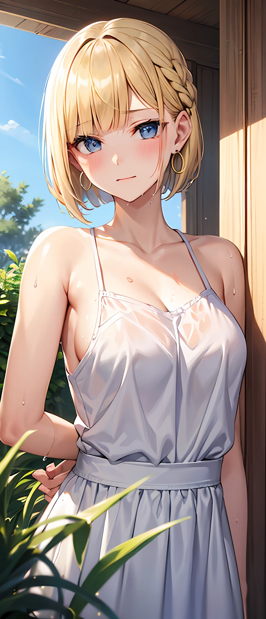 best quality,masterpiece,shiny blonde,blue eyes,white clothes, look down on, upper body,hair strand,Fair skin,short bob,wet through,french braid,blushing and red,blunt bangs,hoop earrings,gladient hair,left sideburn is longer than right one