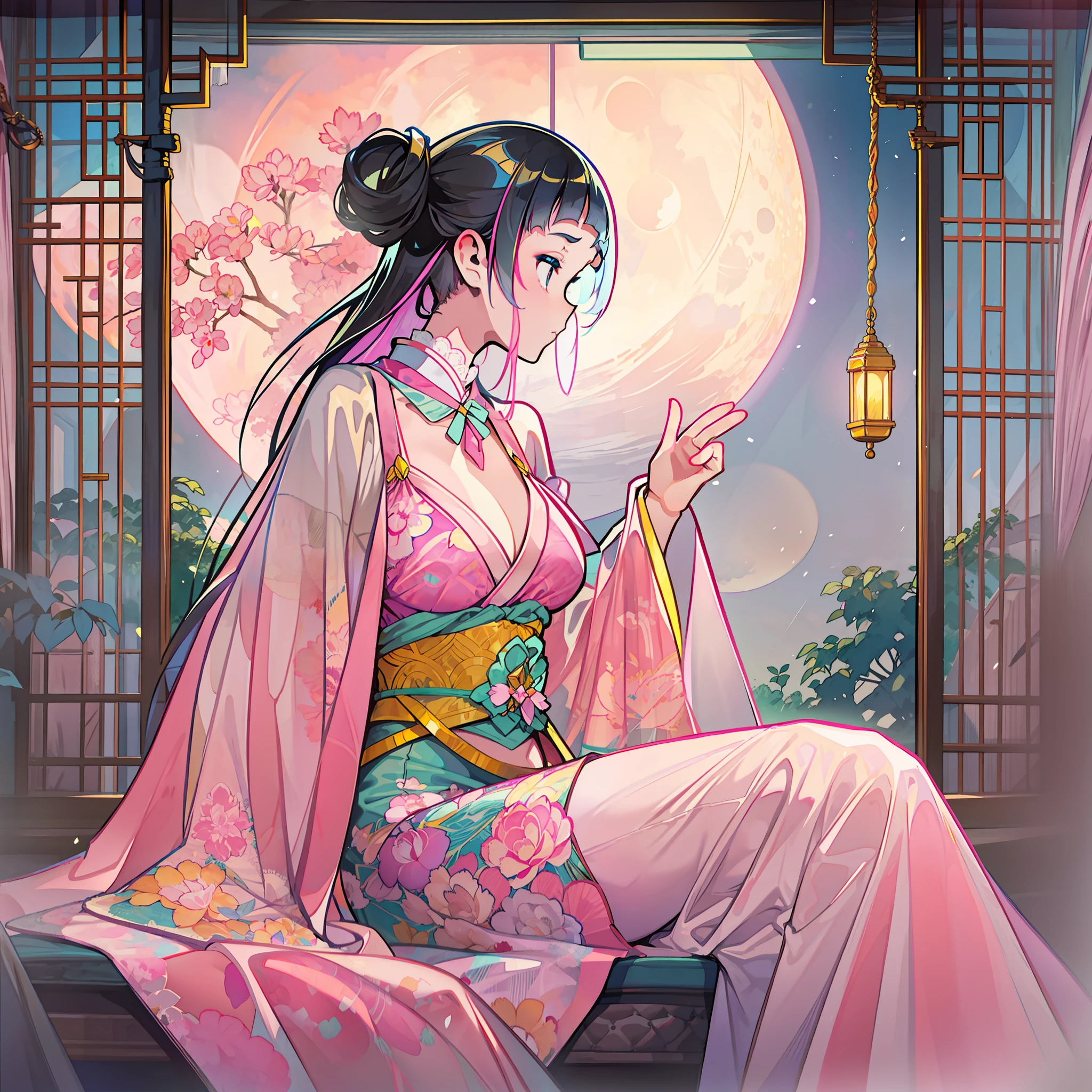 The big moon outside the window, the window screen, the art depicts a charming woman in a flowing, silky traditional oriental dress, pink, decorated with intricate patterns and bright colors. Her dress drapes elegantly over her curvy figure, accentuating her seductive silhouette. She sits gracefully under the quiet moon, bathed in the soft glow of the moonlight. The scene exudes an ethereal and dreamy atmosphere, with a touch of mystery and sexiness. The graphic style blends watercolor and digital illustration techniques to evoke a refined beauty and charm. The lights are filled with soft moonlight, casting soft highlights and shadows on her charming features. Bare thighs, big breasts, three-dimensional facial features, sitting, exposed thighs, loose long side braids