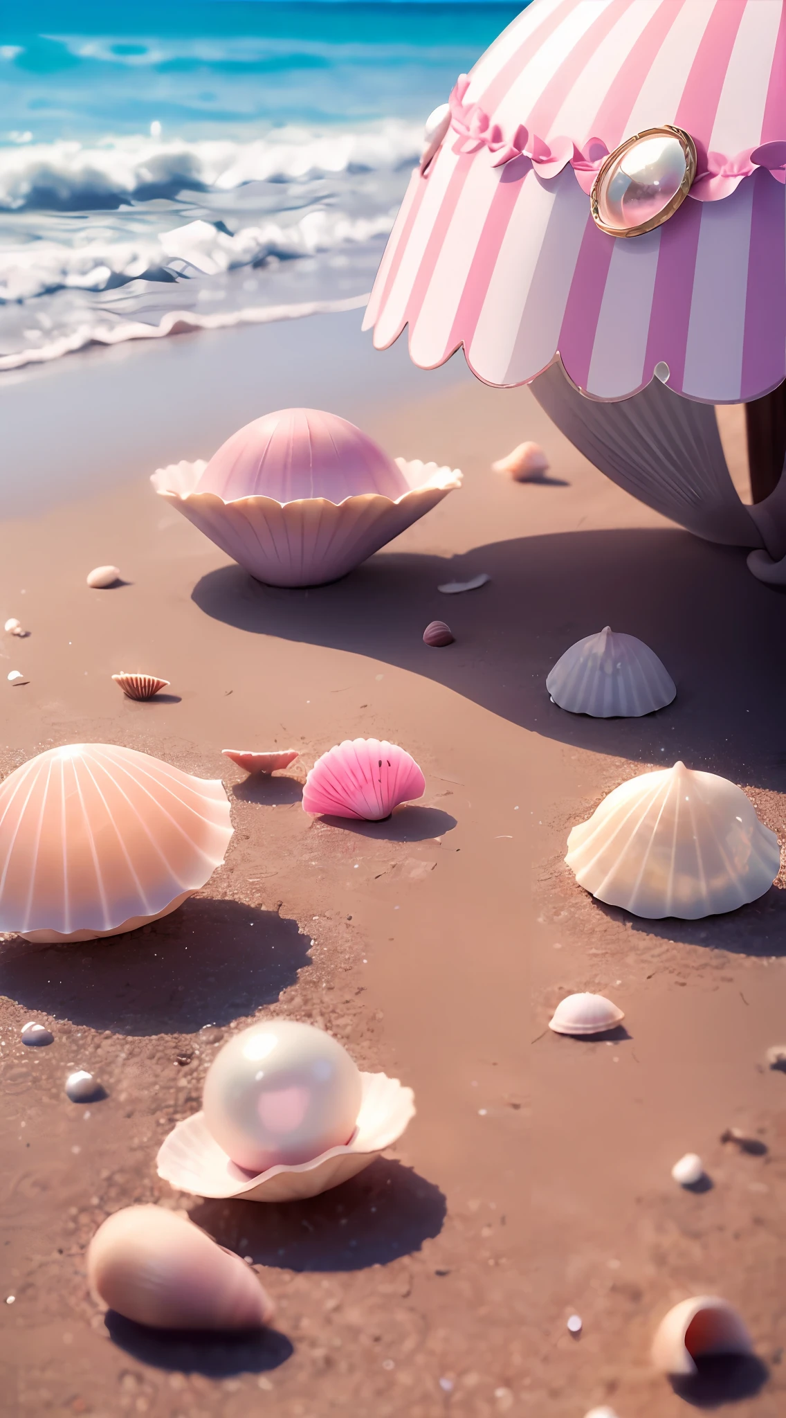 (8K, Raw photo, Best Quality, masutepiece: 1.2), (Realistic, Realistic: 1.37) There are many pink shells on the beach, there is water, pearlescent, pearls and shells, soft spills, pearling, pink jellyfish everywhere, soft 3D rendering, ethereal bubbles, bubble landscape, Iray shader, pastel pink, pink reflections, pearl sky, shells, paradise pink, Pastel colors, pink pastels, 1 girl in the shells, fell asleep --auto