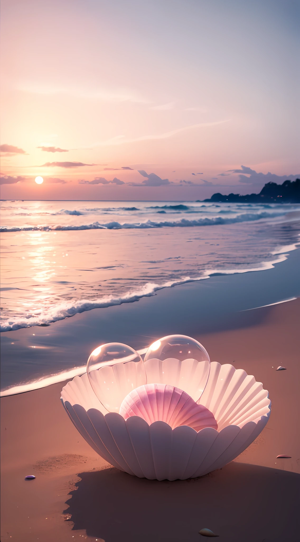 (8K, Raw photo, Best Quality, masutepiece: 1.2), (Realistic, Realistic: 1.37) There are many pink shells on the beach, there is water, pearlescent, pearls and shells, soft spills, pearling, pink jellyfish everywhere, soft 3D rendering, ethereal bubbles, bubble landscape, Iray shader, pastel pink, pink reflections, pearl sky, shells, paradise pink, Pastel colors, pink pastels, 1  girl in the shells, fell asleep --auto