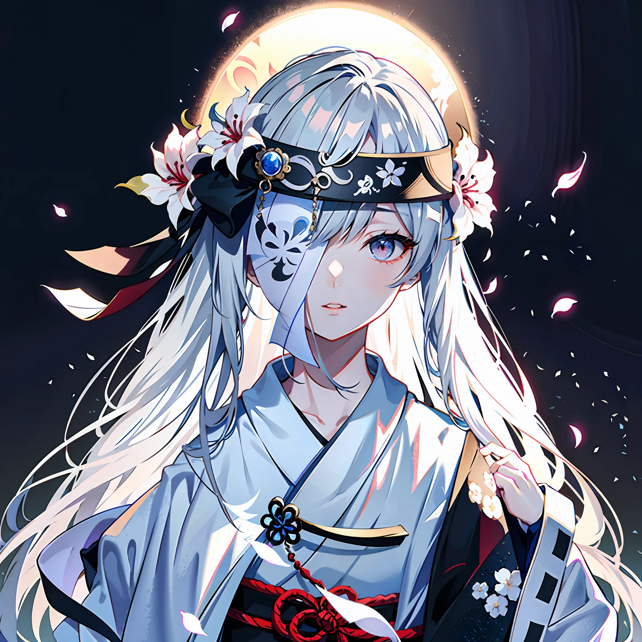 8K,best qualtiy,tmasterpiece,超高分辨率,Epic and beautiful character art,Stunning character art,misterious!Hazy beauty,Edges are jagged,A woman wears a black cloth belt to cover her eyes,Gray hair,Anime girl with flowers in her hair, Gray background,This is a detailed Onmyoji style art,Whiten face,frostbite,Silk robes,Very beautiful girl,The blind freedom of a few,style of anime4 K, Anime wallpaper 4K, White-haired god, anime styled 3d