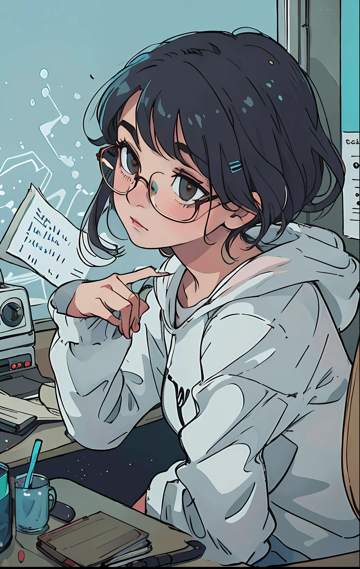 "A wistful girl with glasses, exuding a vintage lo-fi aura."