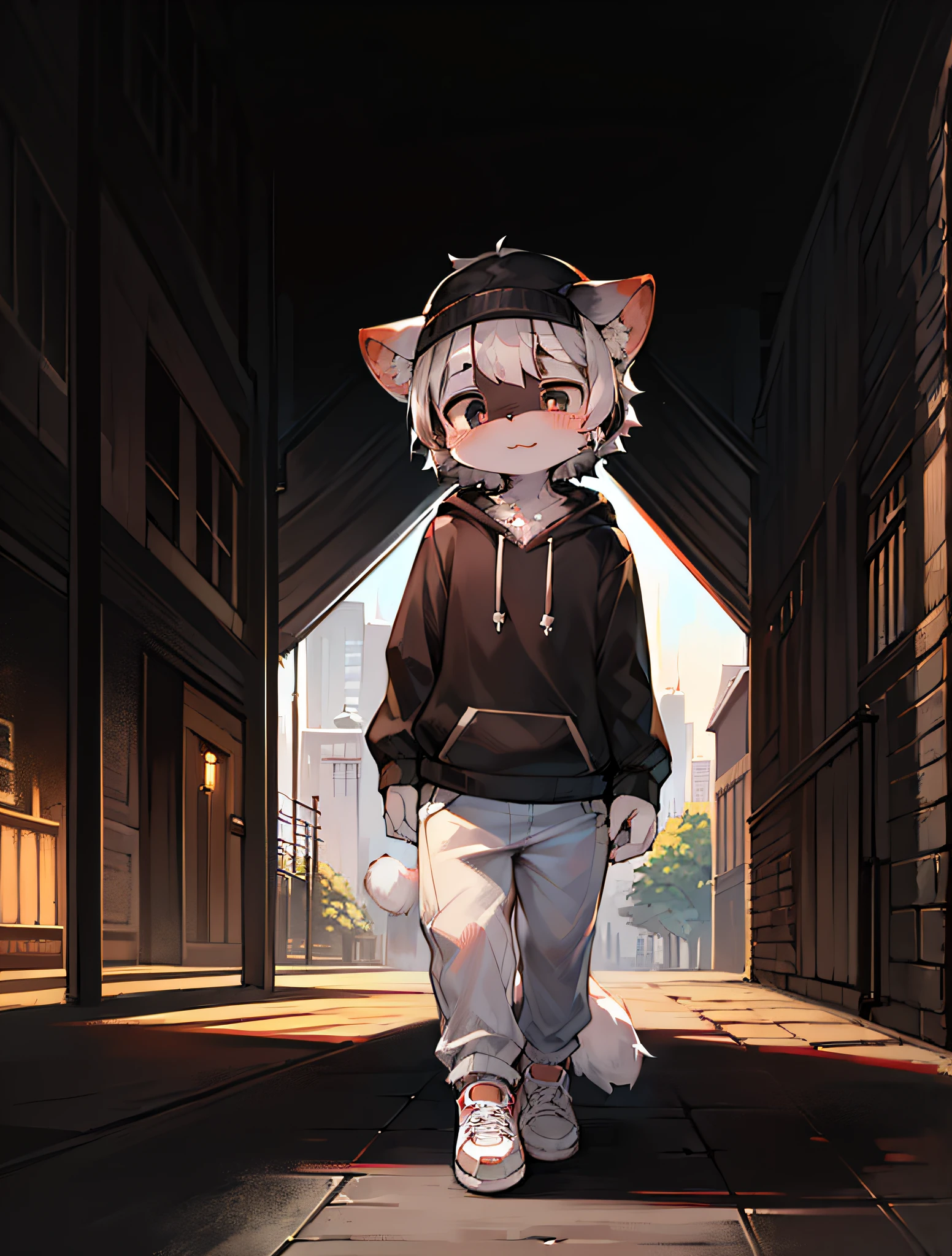 Masterpiece,high high quality,abstract res,Digital painting\(artwork of a\), by Dagasi, Yupa,Kiyosan,(anthro,Fluffy fur,Character focus:1.1),anthro male cat,Short hair,Portrait , Bright eyes, Panoramic view, Character focus.(Detailed background:0.7), 独奏, adolable，shaggy, Hairy male, Male focus, anthr,(Full body fur, Fluffy tail, Black and white fur, Black eyes, Black and white hair:1.2), (critters、White sweatshirt、White trousers、headset on head、Headwear、White shoes：1.2），（exterior、During the day、parks：1.1）