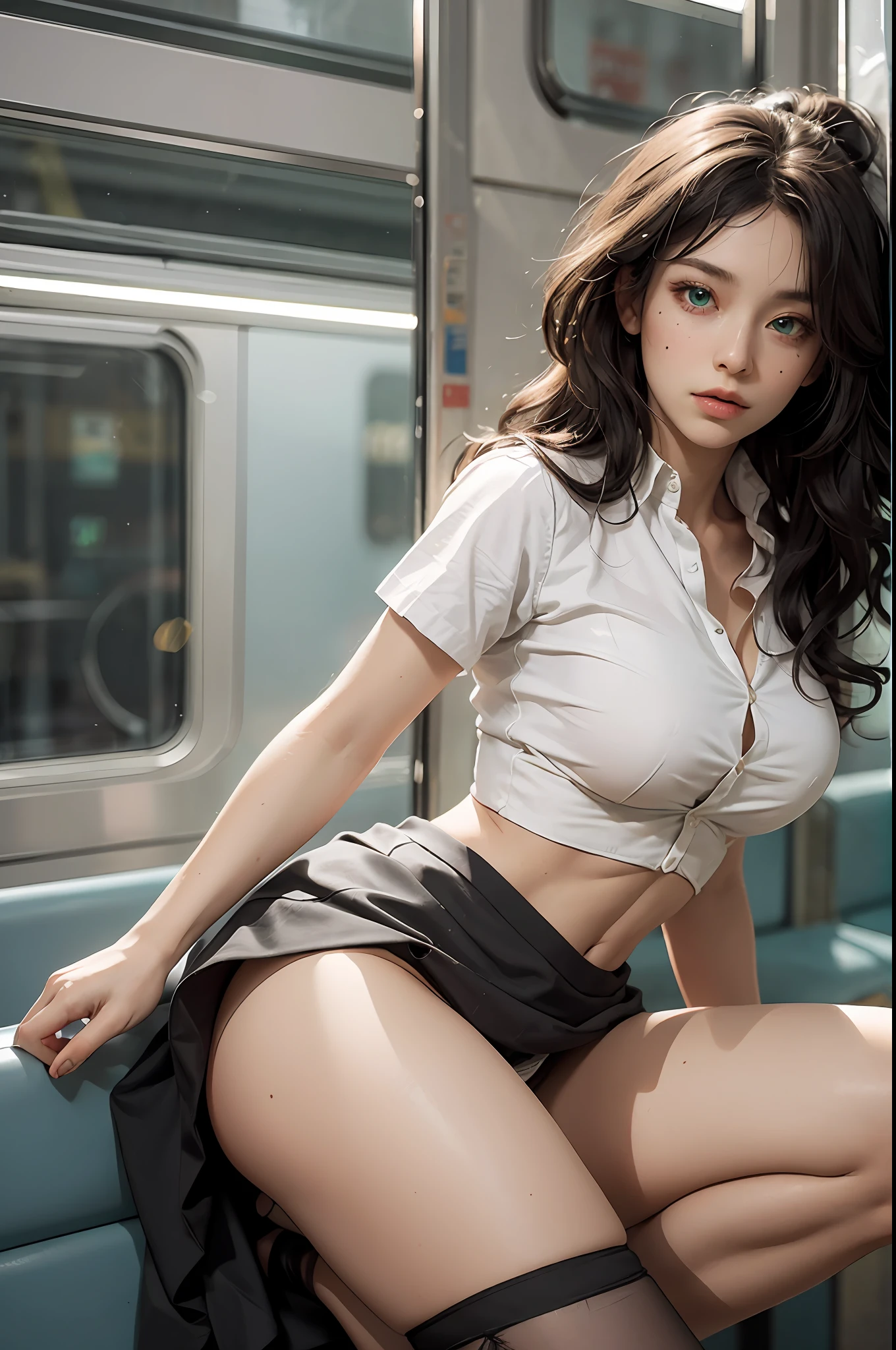 ompt
truk), (Ultra realistic), (Illustration), (High resolution), (8K), (Very detailed), (Best illustration), (Beautiful green eyes), showing big round ass, (Best quality), (Ultra detailed), (Masterpiece), (Detailed face), Solo, (Dynamic pose), 1 girl, back view, Black wavy hair in train, Little moles under the eyes, ((shirt and skirt)), Big tits, Long legs, Tighten abs, (camel toe), (without panties),