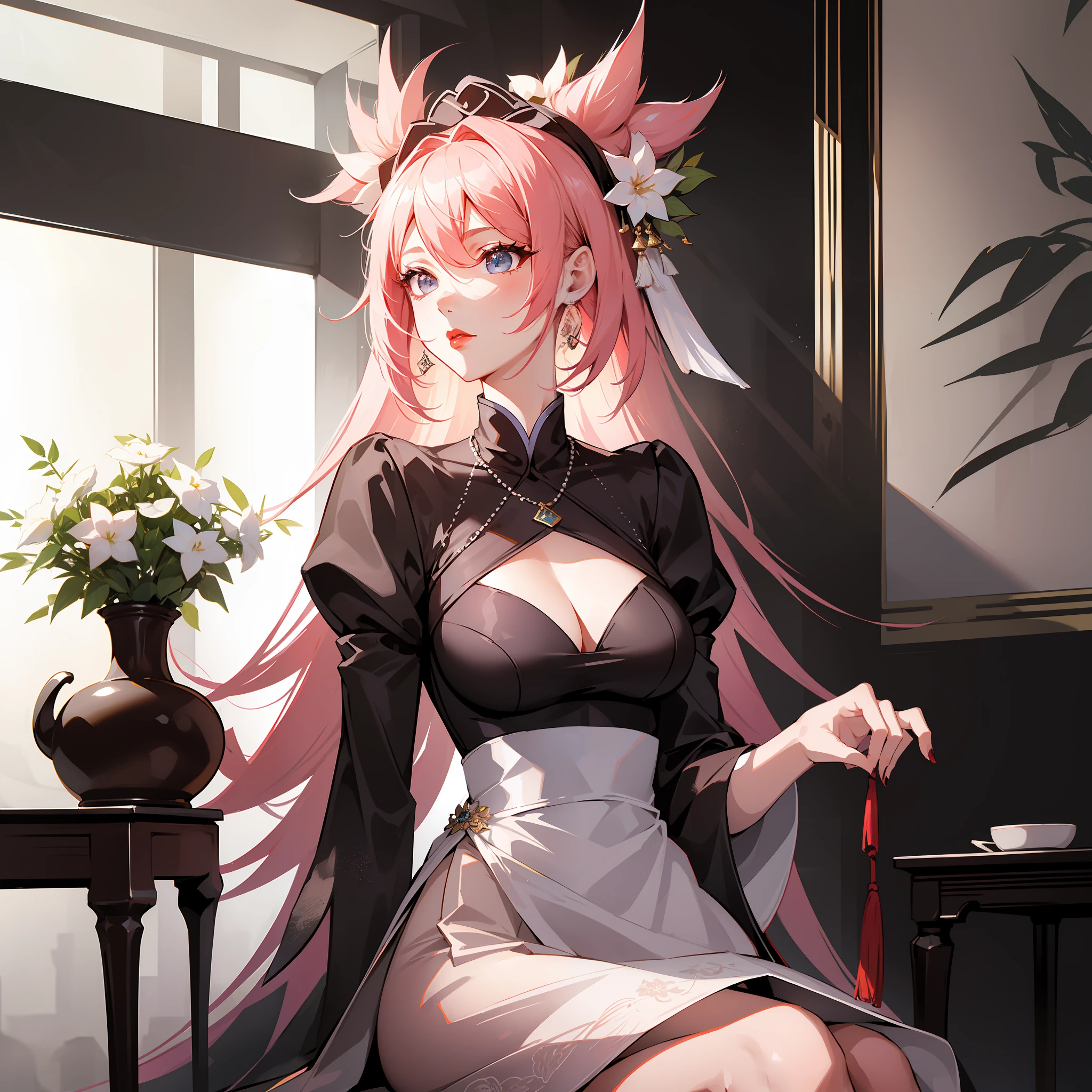 There was an elegant woman sitting at a gorgeous table，Holding a beautiful vase in his hand。Her skin is white，There was a hint of melancholy in his eyes。Surrounded by a magnificent palace，Among them was also a girl in Hanfu。This is a beautiful figure painting，The girl was dressed in white Hanfu，She wears a fine hair ornament on her head。She looks at the audience，Red lipstick is applied to the lips，She wears a short skirt on her lower body。A necklace hangs around his neck，Jewelry on the wrist。She has long hair tied behind her ears，The mouth closes slightly。The whole picture presents an extravagant and wasteful East Asian architectural style。The girl's long pink hair is woven into a complicated hairstyle，Dressed in an elegant long dress，Like a ballet angel。