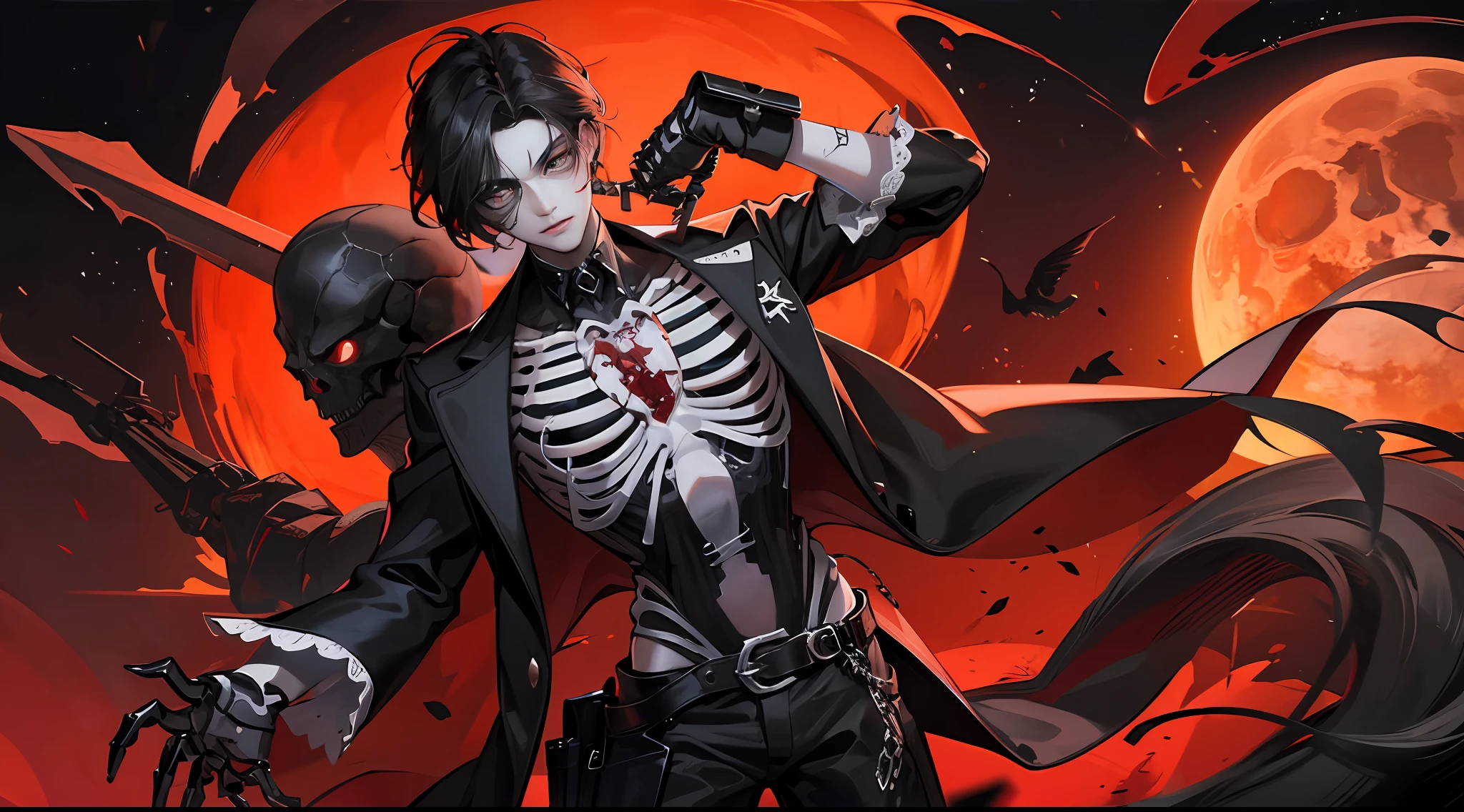 Male zombies,black color hair,Very handsome,Black eyes,Expose internal organs,A skeleton,skelleton,The whole body stood on the ruins,Behind is the red moon, --auto