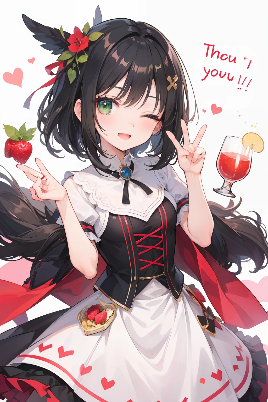 1girl in, Chibi,parfait,mano,alcohol,v sign,beckoning,happiness,I love you,one eye closed、A dark-haired、Green eye、(High resolution of the highest quality)