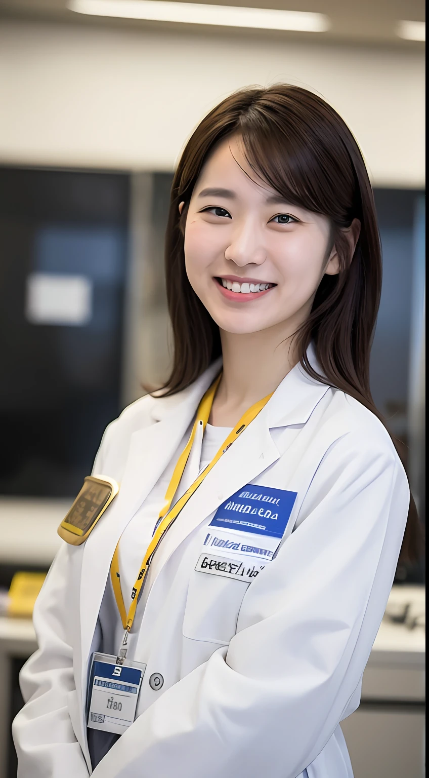 A woman in a white lab coat with a badge on her left shoulder and a name tag on her left arm smiled at the camera