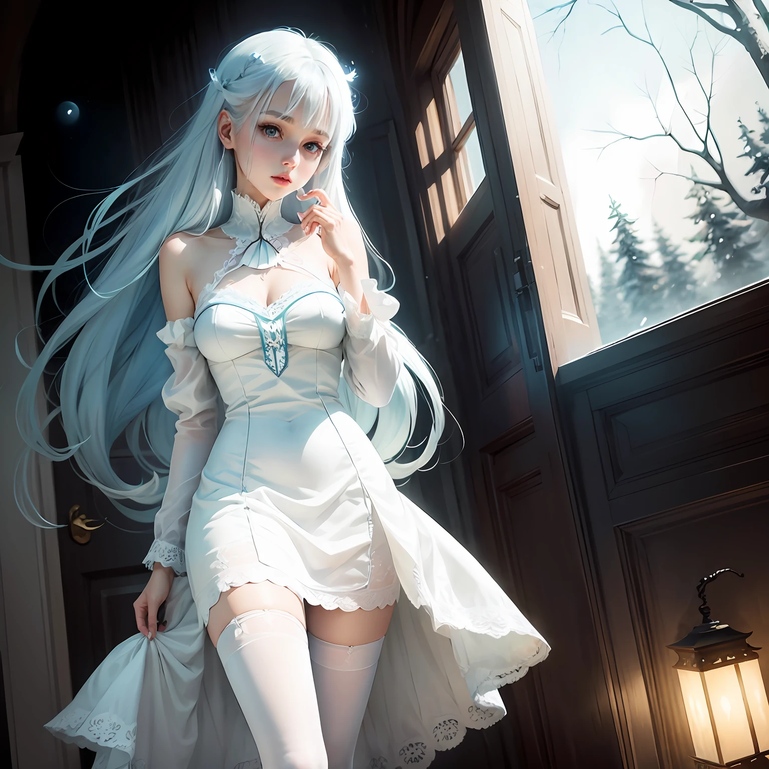 white stockings,Slender long legs,Pale blue hair,Light blue eyes,White lace dress,Pure,White moonlight --auto