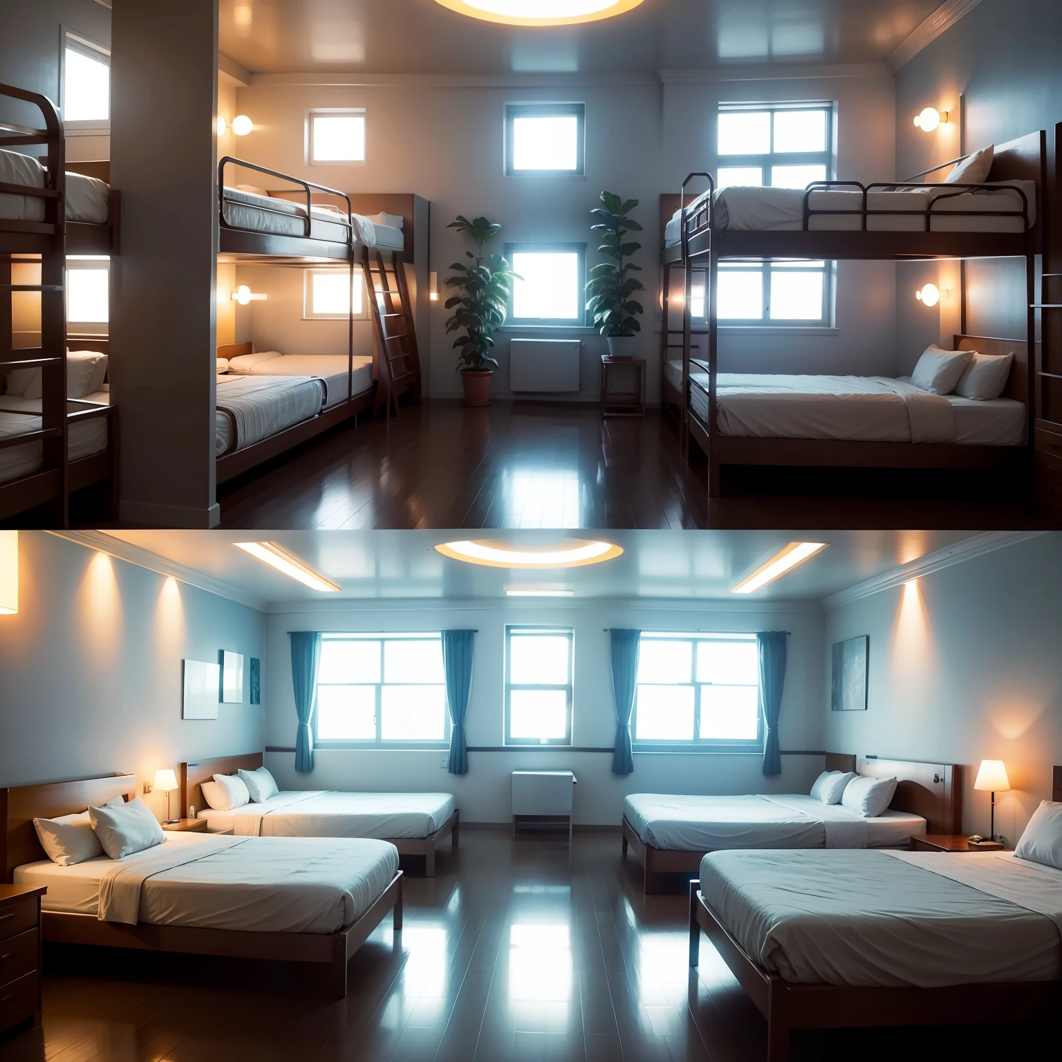 hostel,Multiple beds,white colors,a plant,Futurism, Futurism, high detail, high detail, backlighting, backlighting, multiple views, multiple views, multiple views, multiple views, multiple views, vanishing point, vanishing point, high quality, high quality --auto