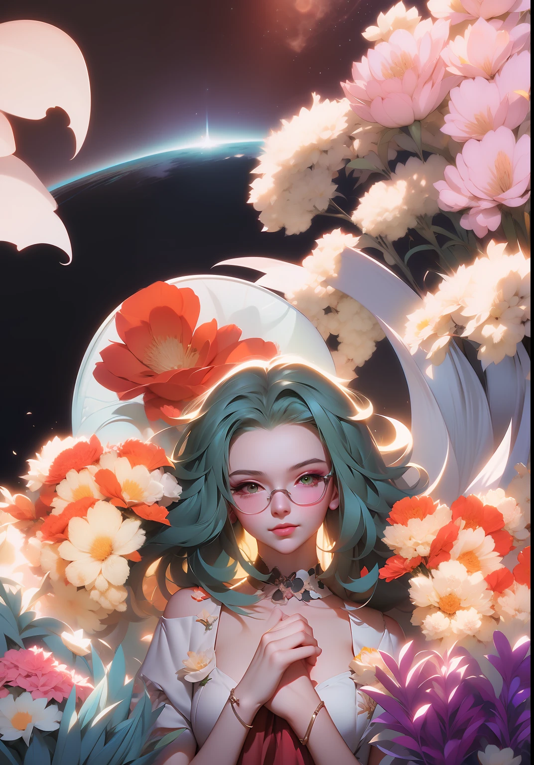 anime girl with green hair and glasses surrounded by flowers, anime fantasy illustration, anime style illustration, digital anime illustration, artwork in the style of guweiz, anime styled digital art, anime graphic illustration, detailed digital anime art, anime girl with cosmic hair, a beautiful artwork illustration, anime illustration, anime style 4 k, inspired by Ross Tran, anime art wallpaper 4k,masterpiece, best quality, (extremely detailed CG unity 8k wallpaper), (best quality), (best illustration), (best shadow), absurdres, realistic lighting, (Abyss), beautiful detailed glow