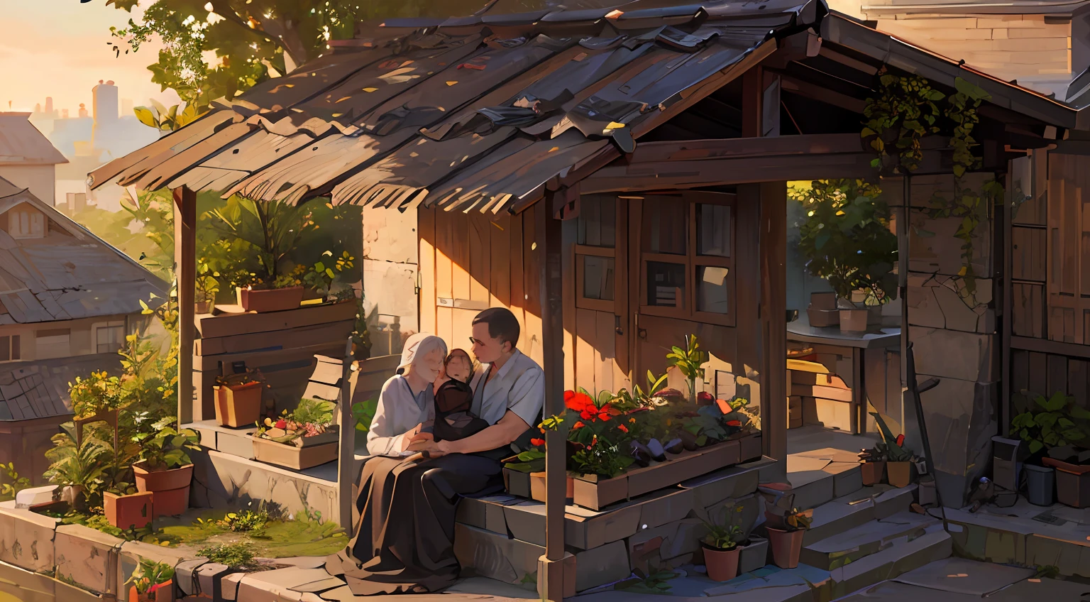 A boy with,Lying on the grandmother's lap,Vegetables are planted all around,On the roof of the house ,Live action scenes, afternoon sunlight,
